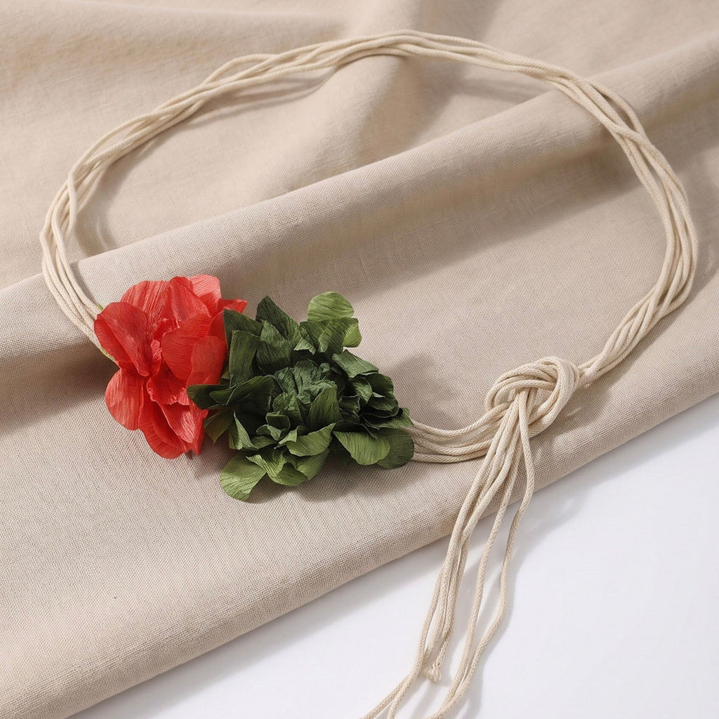 Dual Fabric Flower Braided Wrap Waist Belt Adjustable Floral Statement Waist Jewelry 43.3in
