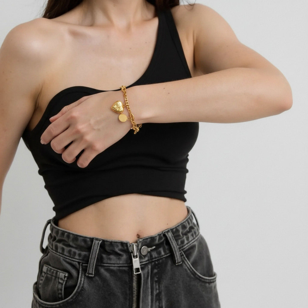 Chain Link Bracelet with Engraved Heart Charm and Smooth Round Pendant Detail for a Chic Polished Modern Accessory Style