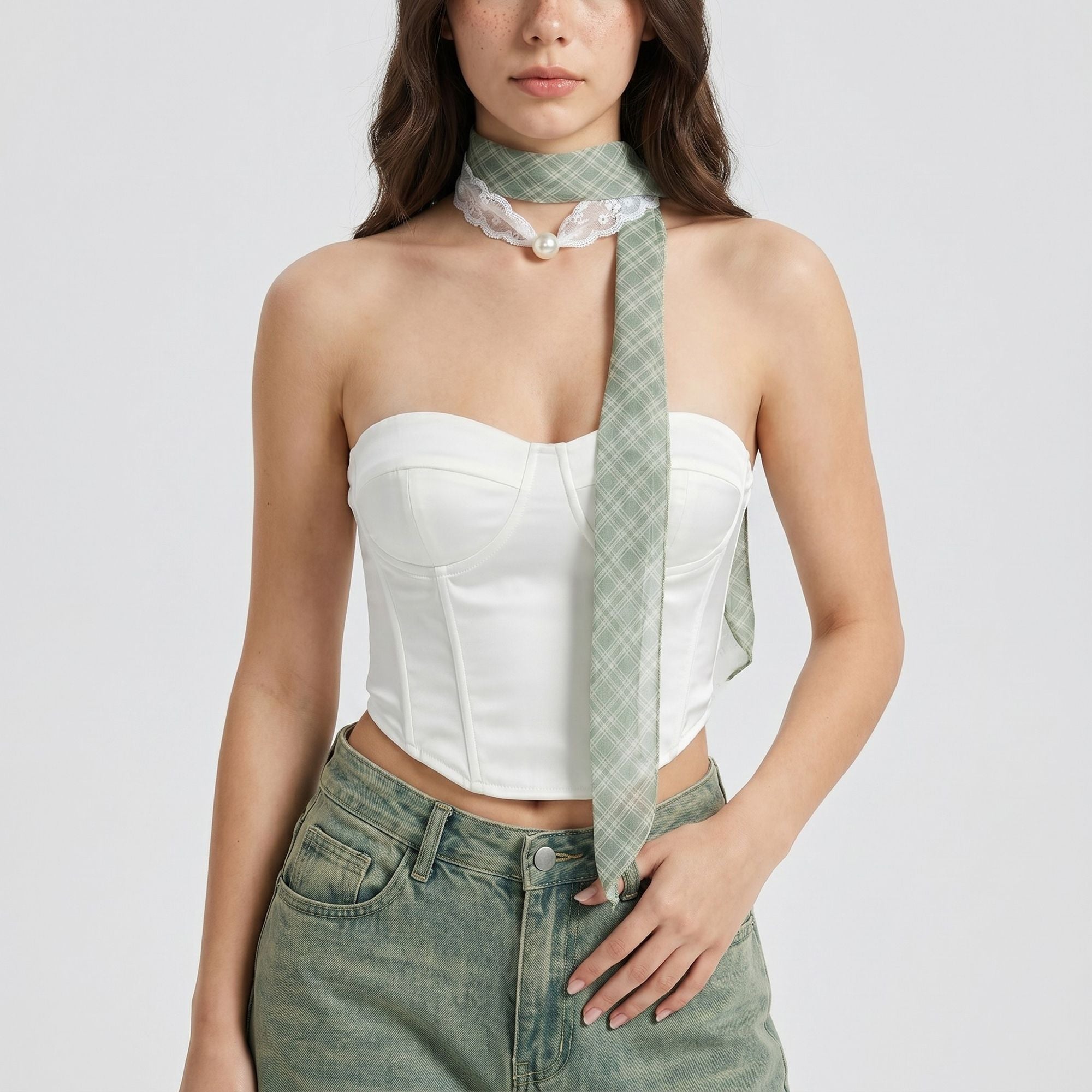 Sheer Skinny Scarf with Lace Trim Faux Pearl Accent and Long Neck Tie Design