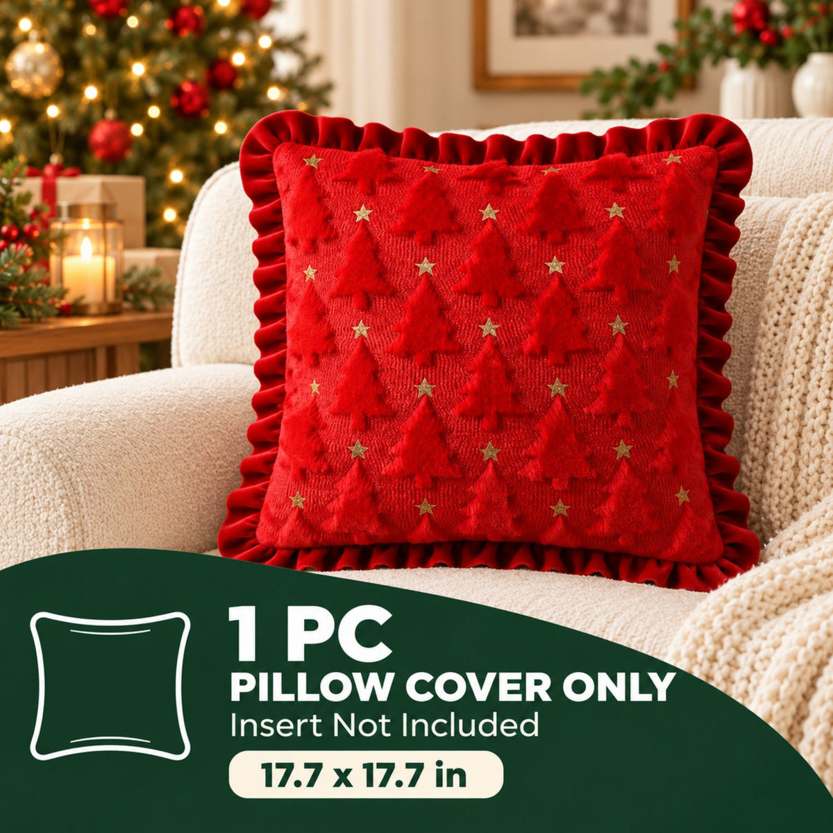 1 Piece Christmas Tree Throw Pillow Cover with Ruffle Trim Stars 18 x 18 Inch