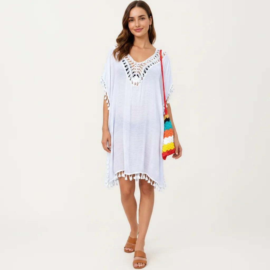 Anna-Kaci Women's Sheer Crochet V Neck Swim Cover Up Poncho with Tassel Trim and Flowy Silhouette