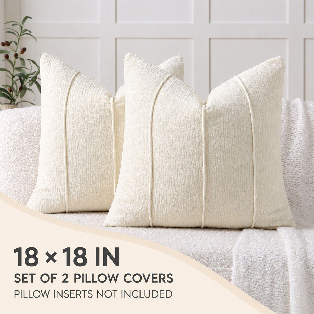 2 Pack Solid Textured Throw Pillow Covers 18 x 18 Inch with Hidden Zipper
