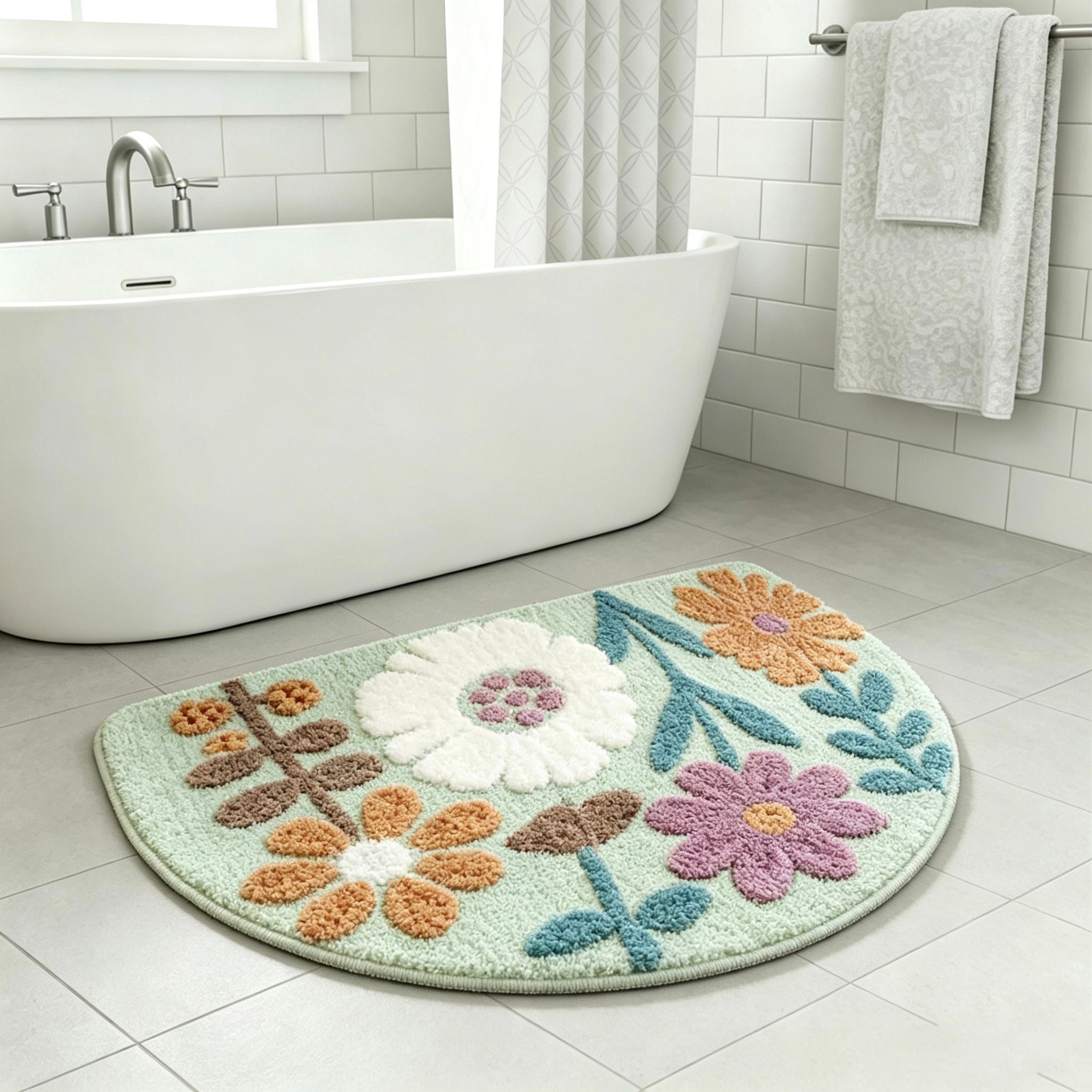 Mixed?Flower Semicircular Bathroom Floor Mat Soft Water?Absorbent Rug with Anti?Slip Base