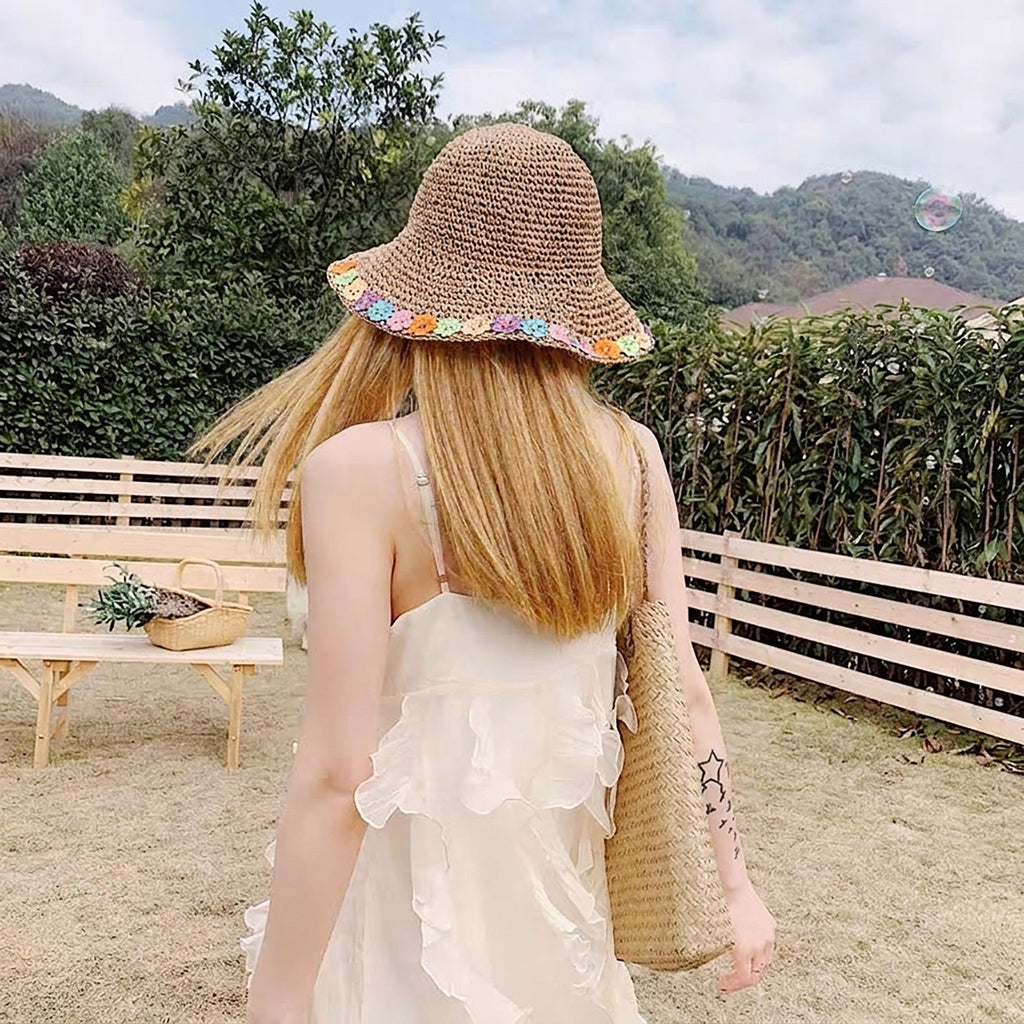 Crochet Bucket Sun Hat with Floral Applique Trim and Soft Brim Design