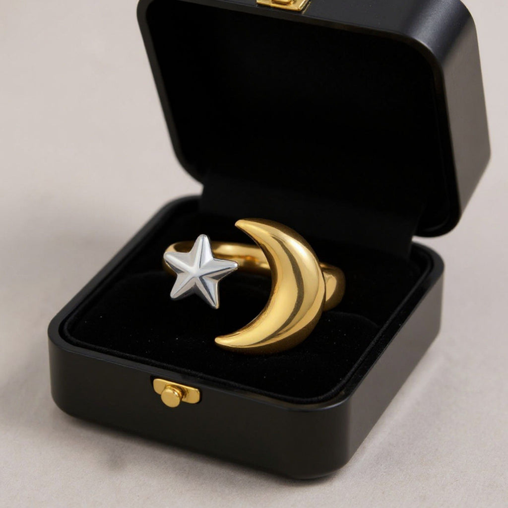 Moon and Star Adjustable Mixed Metal Statement Ring