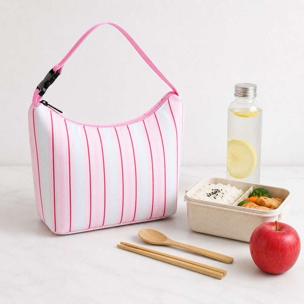 Striped Insulated Lunch Bag Large Capacity Lunch Tote with Shoulder Strap for Work School