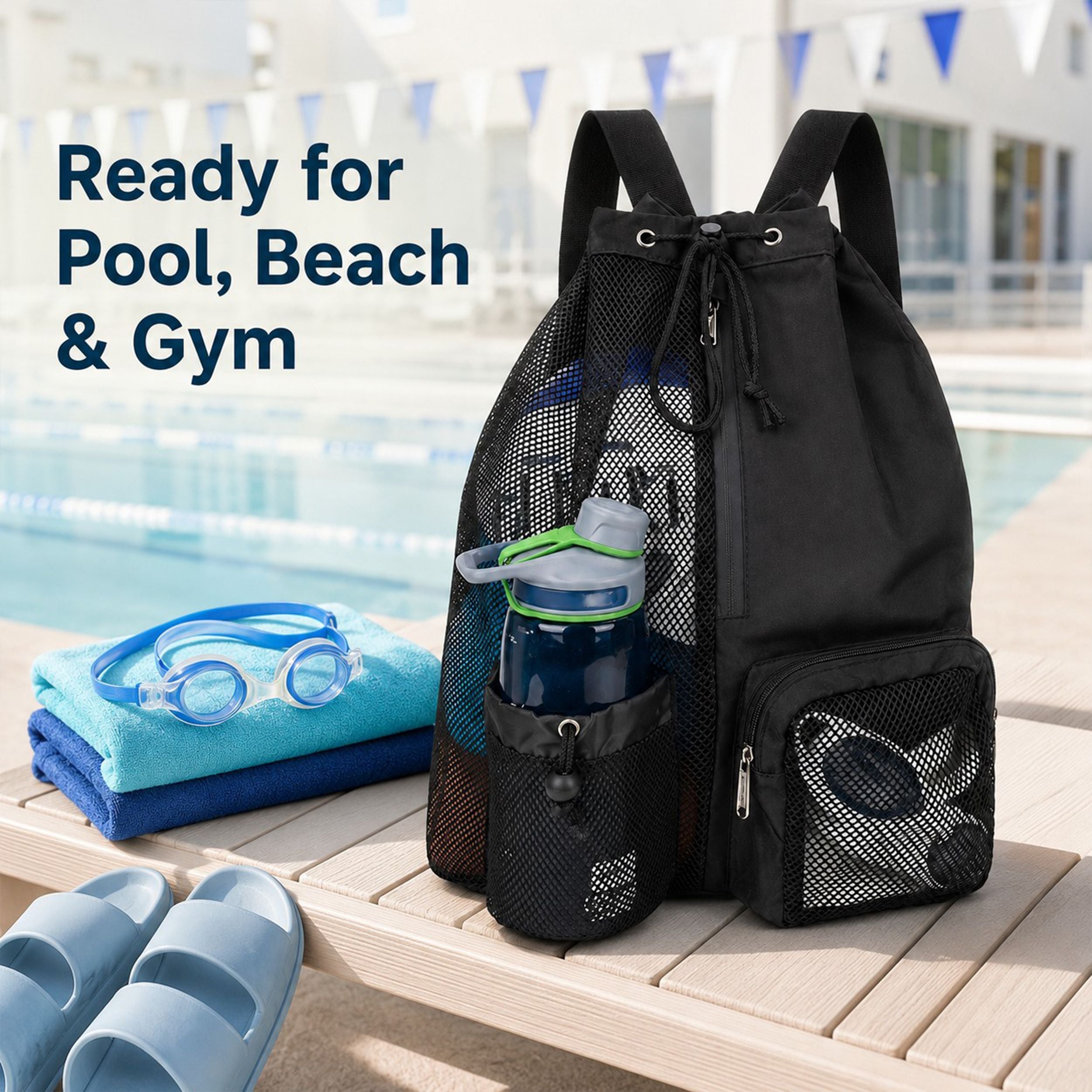 Mesh Swim Backpack with Drawstring Closure and Side Pockets