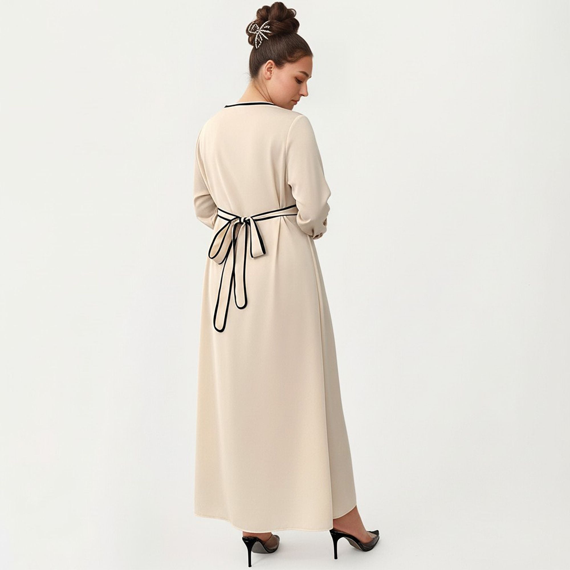 Anna-Kaci Women's Plus Size Long Sleeve Button Front Maxi Dress with V Neckline Contrast Trim and Defined Waist Detail