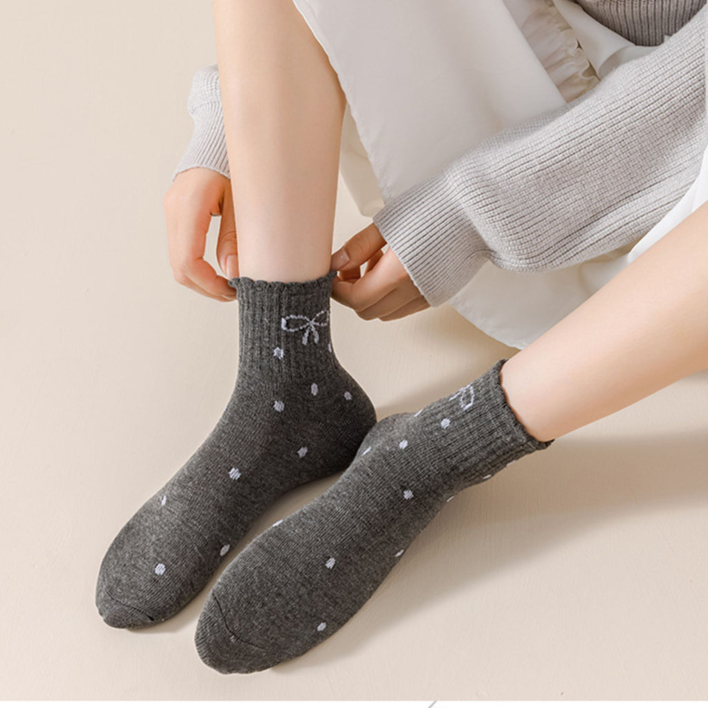 Anna-Kaci Women's Soft Cotton Ankle Socks with Bow Embroidery Polka Dot Design 4 Pairs