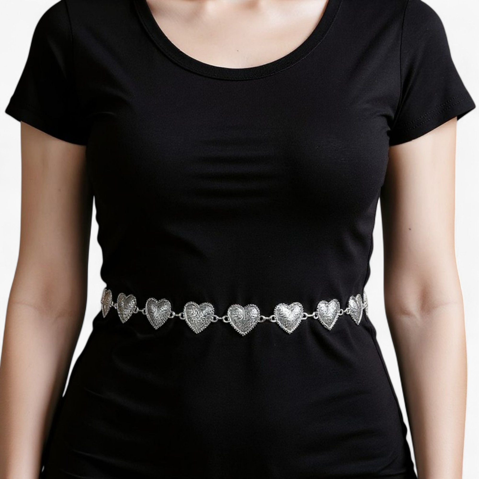 Anna-Kaci Women's Heart Link Chain Belt with Textured Metal Design and Adjustable Fit 45.5in Valentine
