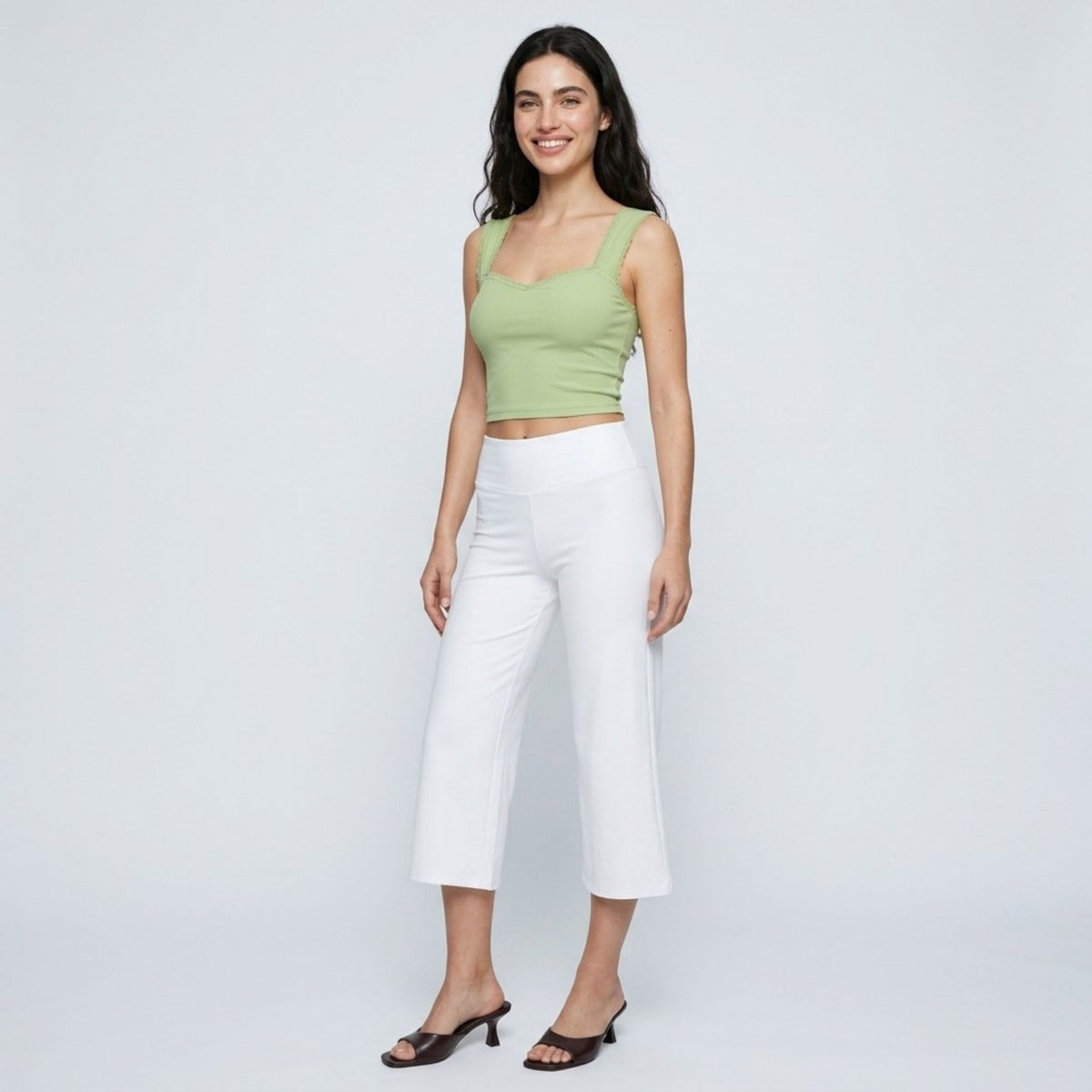 Foldover Waistband Cropped Wide-Leg Trousers