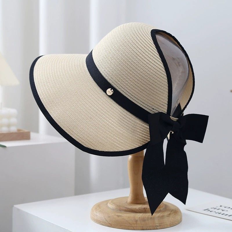 Anna-Kaci Women Straw Sun Visor Hat Wide Brim Bow Ribbon Contrast Trim Adjustable Summer Hat