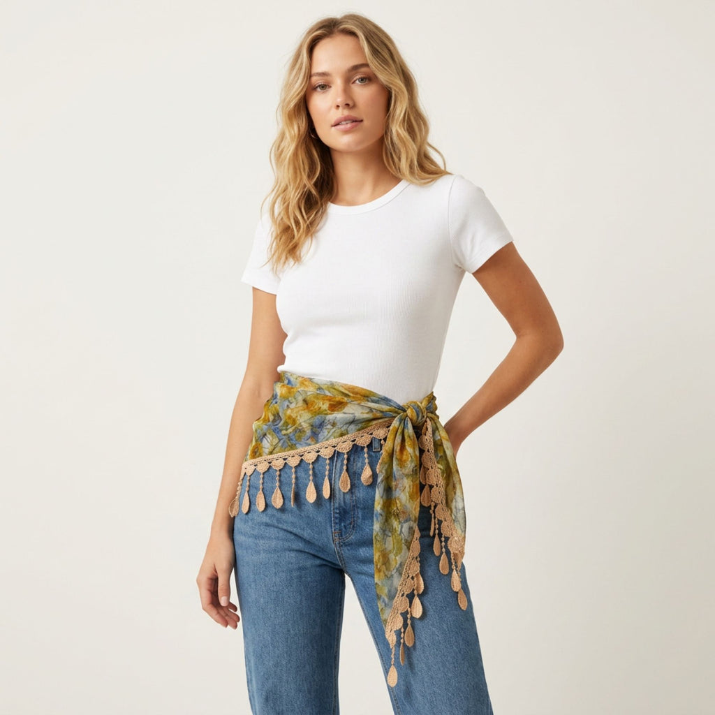 Floral Triangle Scarf with Lace Fringe Trim