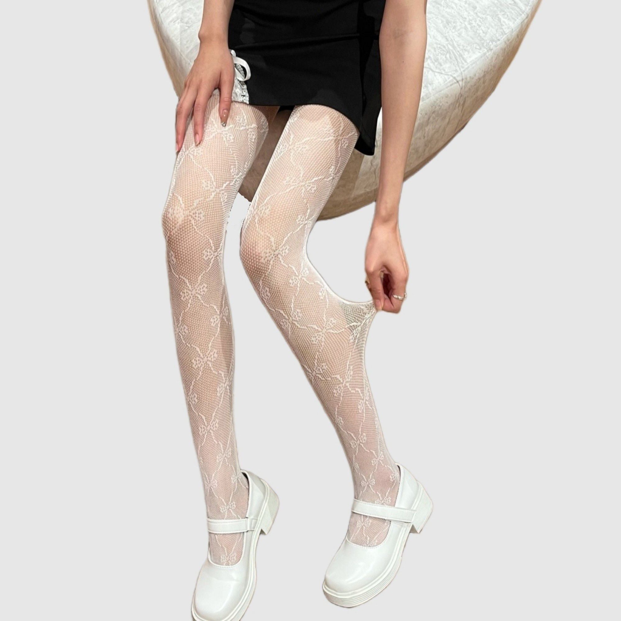 Anna-Kaci Women's 3-Piece Set Bow Pattern Mesh Tights with Soft Stretch Knit, Intricate Allover Detail, and Sheer Finish