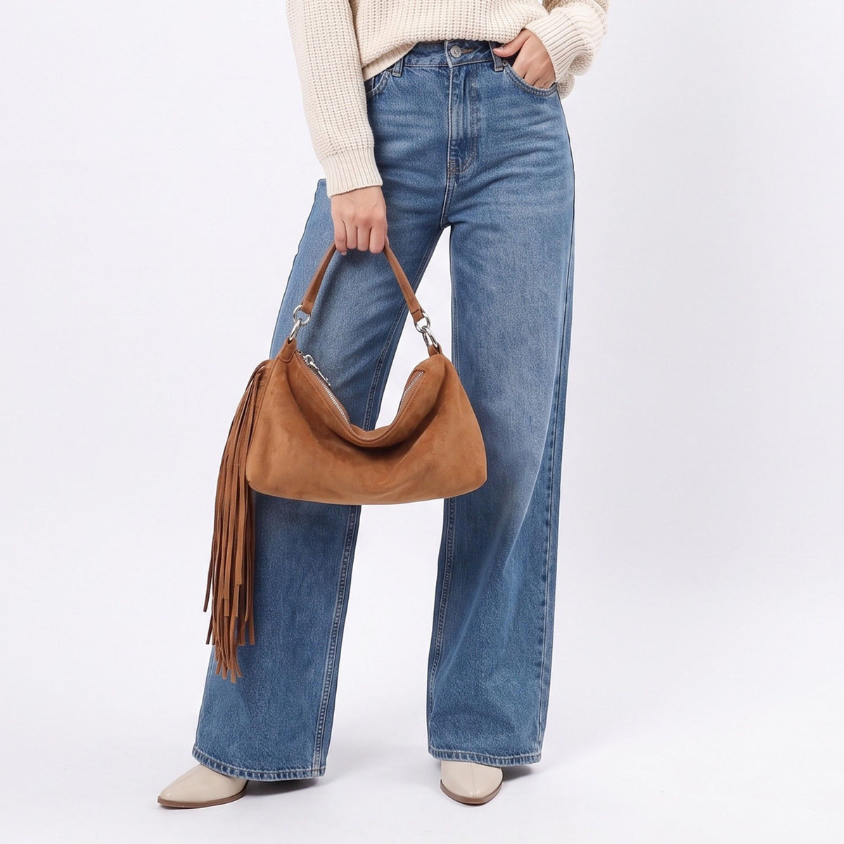 Slouchy Shoulder Handbag with Fringe Tassel and Zipper Closure