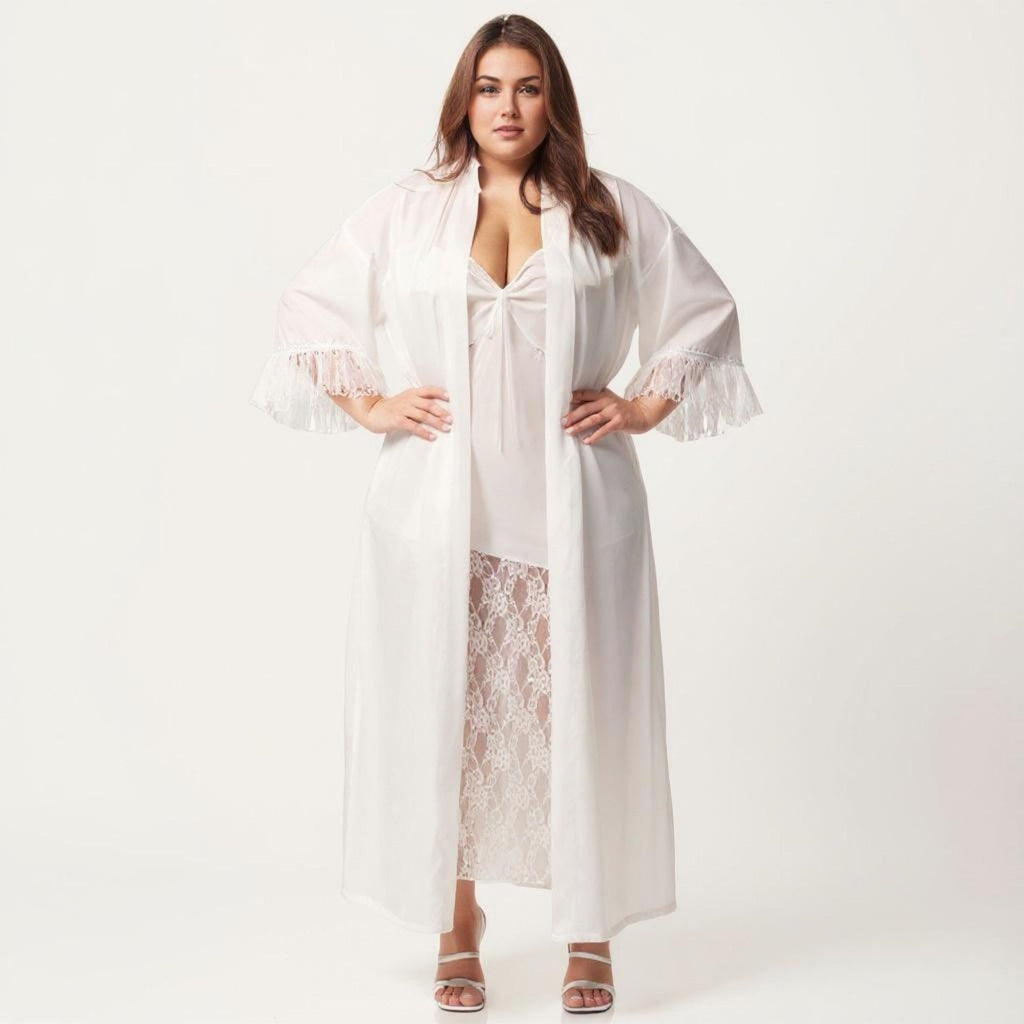 Anna-Kaci Lounge Women's Plus Size Long Sheer Lace Panel Robe Open Front Lightweight Sleepwear