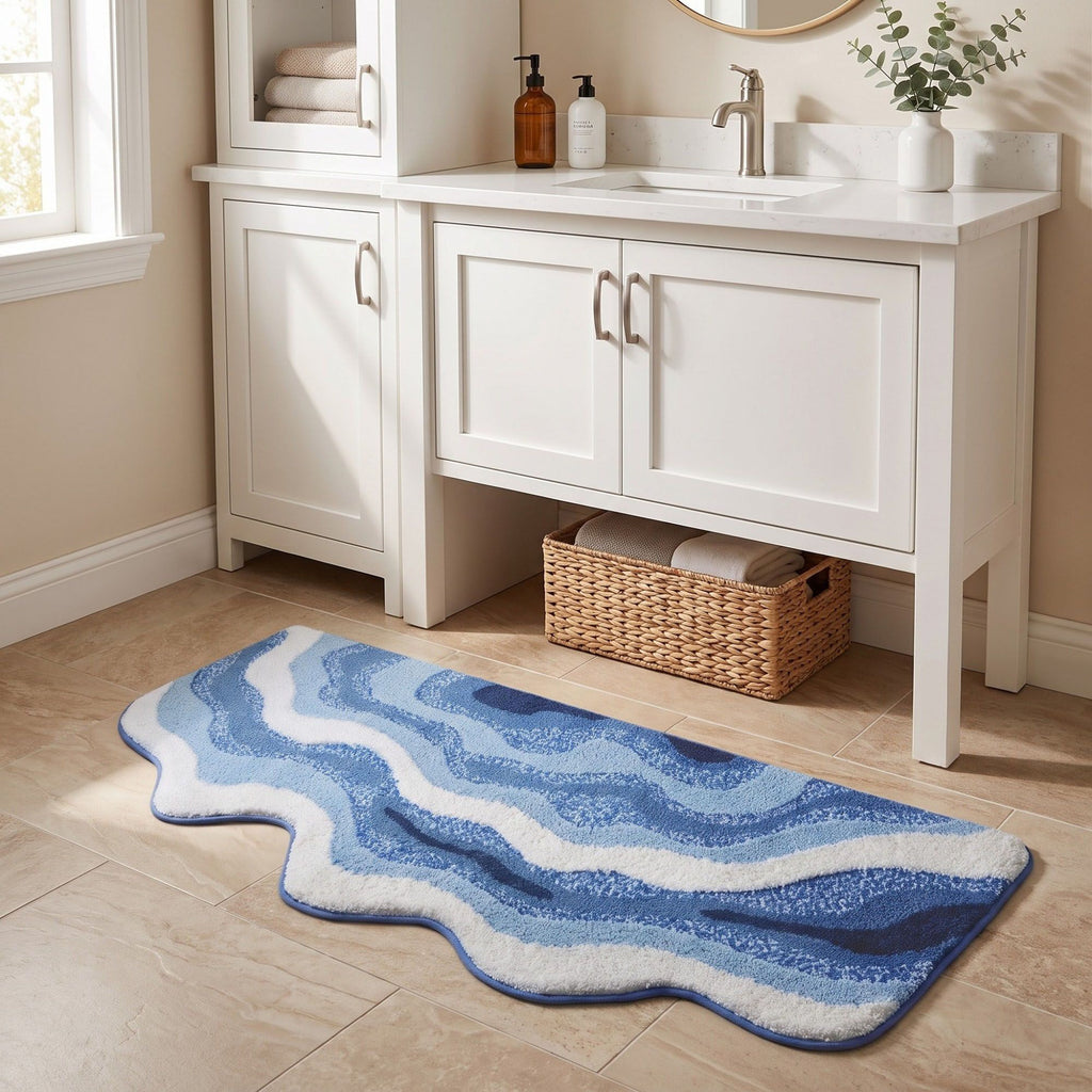 Abstract Ocean Wave Plush Bathroom Mat with Irregular Scalloped Edge
