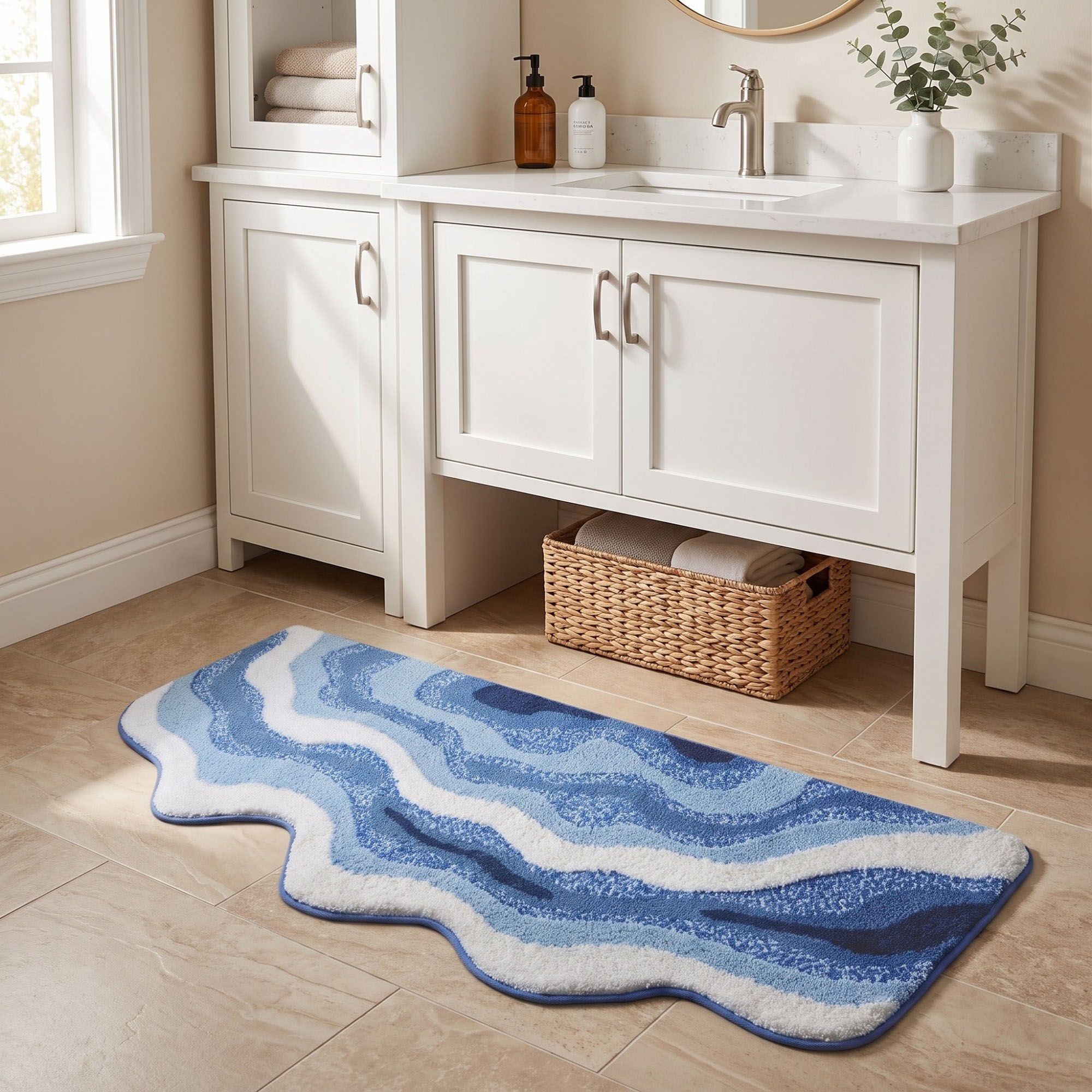 Abstract Ocean Wave Plush Bathroom Mat with Irregular Scalloped Edge