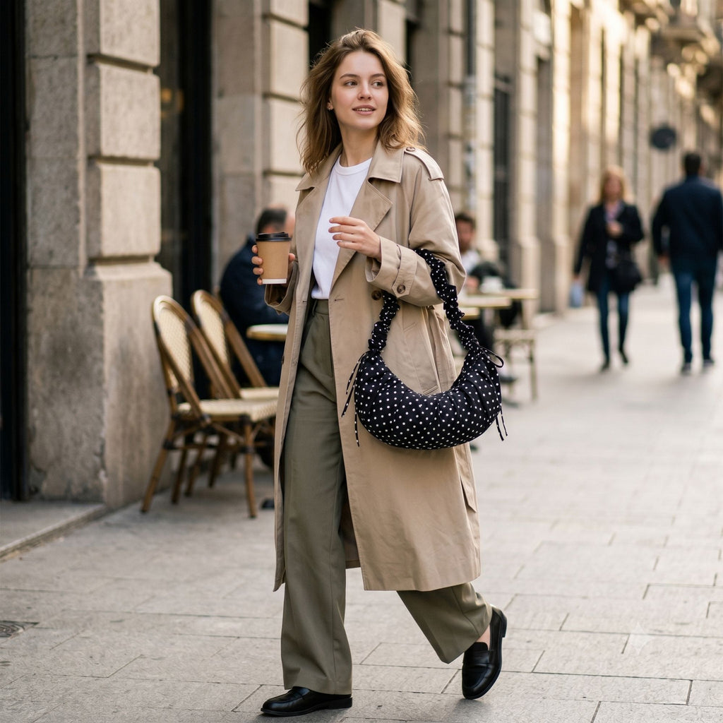 Polka Dot Ruched Shoulder Bag with Soft Slouchy Shape