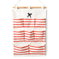 Hanging Wall Organizer with Navy Striped Pockets and Wooden Hanger 19.3x13.5 in