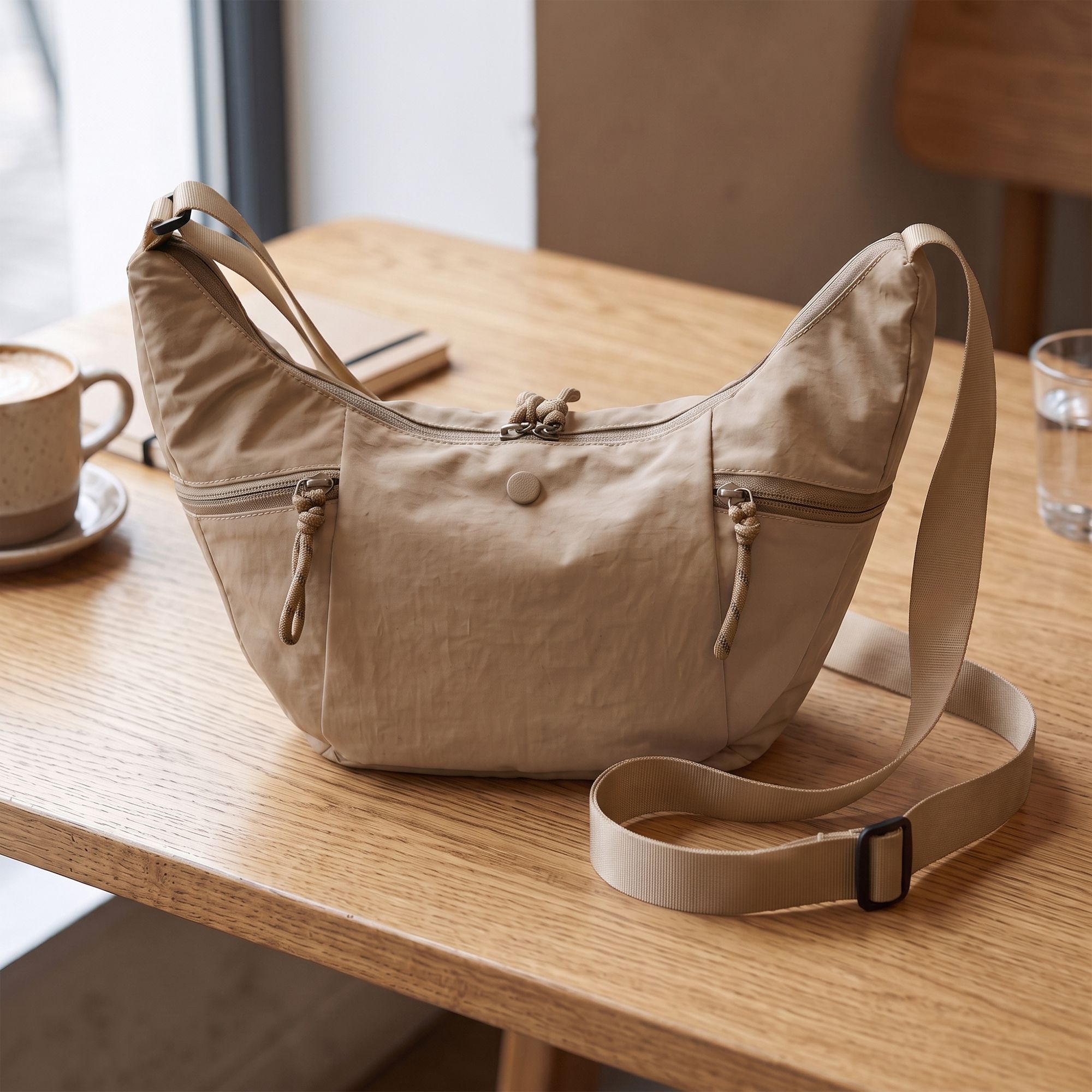 Lightweight Multi Pocket Crescent Crossbody Bag with Adjustable Strap