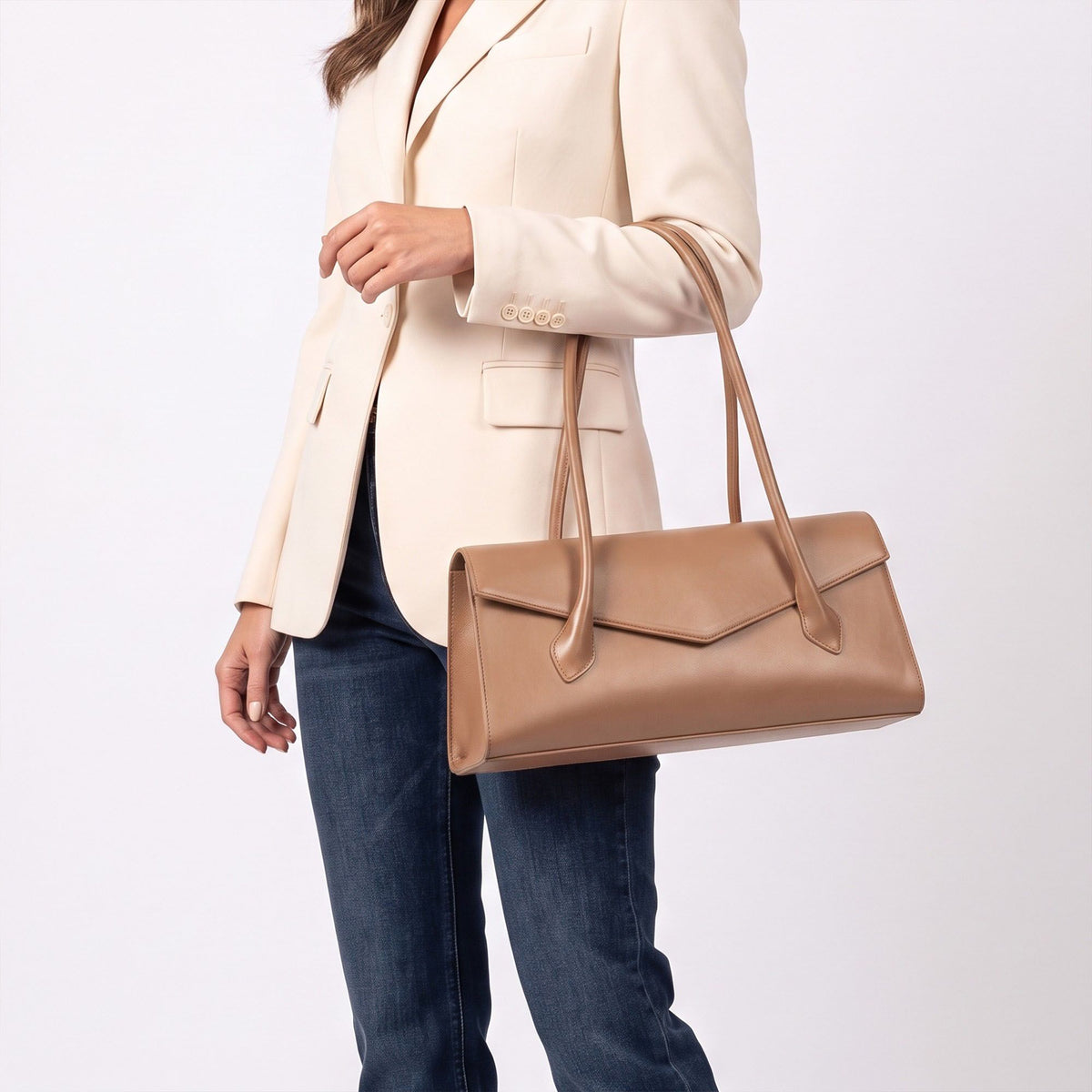 Structured East West Shoulder Bag with Flap Closure and Long Handles