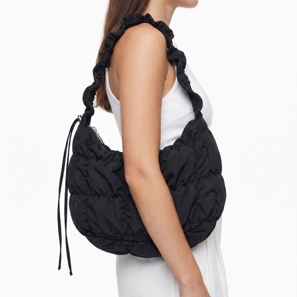 Ruched Puffer Shoulder Bag with Gathered Strap and Top Zipper Closure 10.5x8.5x3in