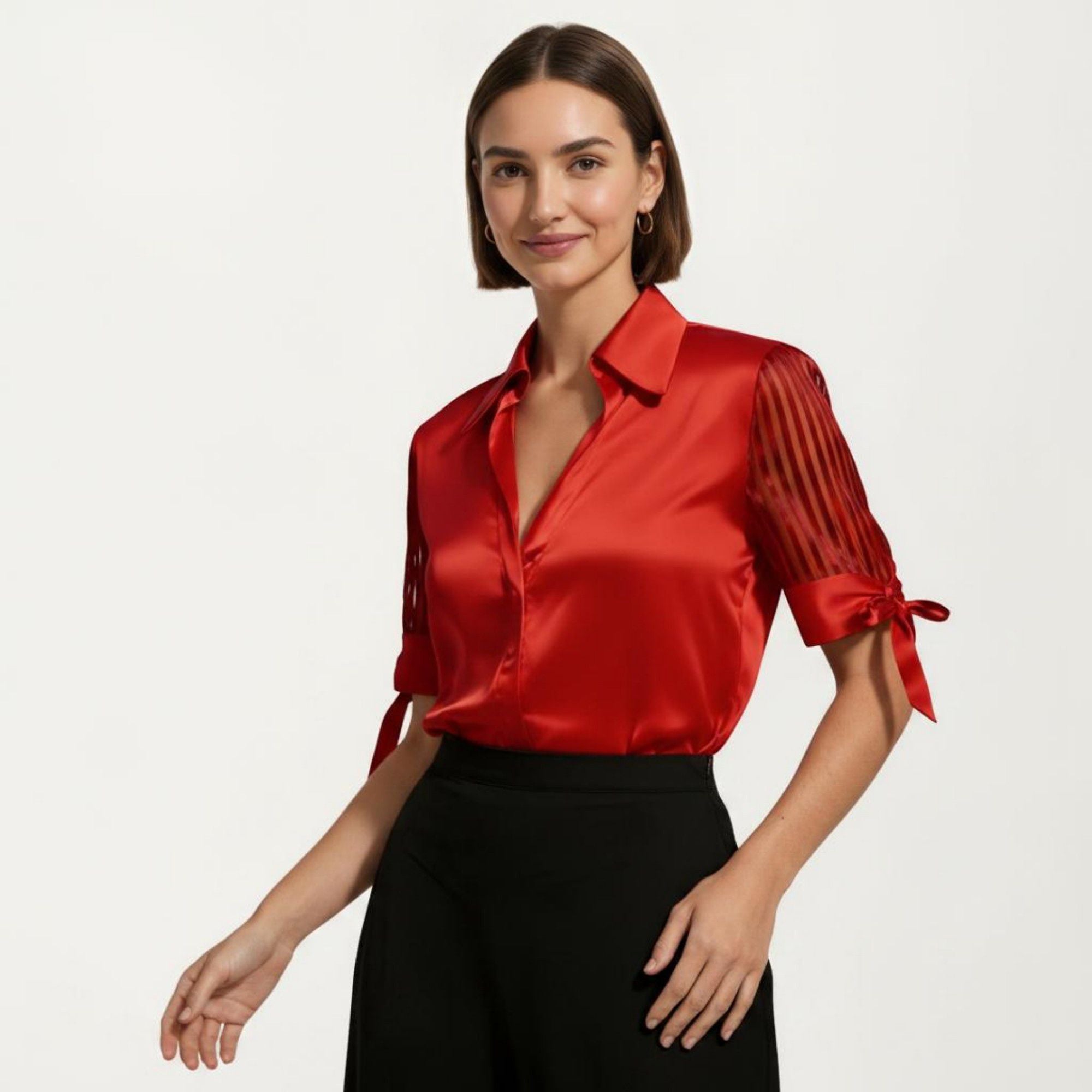 Anna-Kaci Women's Satin Collared Blouse with Sheer Stripe Sleeves and Bow Tie Cuffs