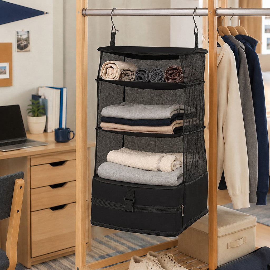 3 Shelf Hanging Closet Organizer with Zipper Storage Compartment and Hooks