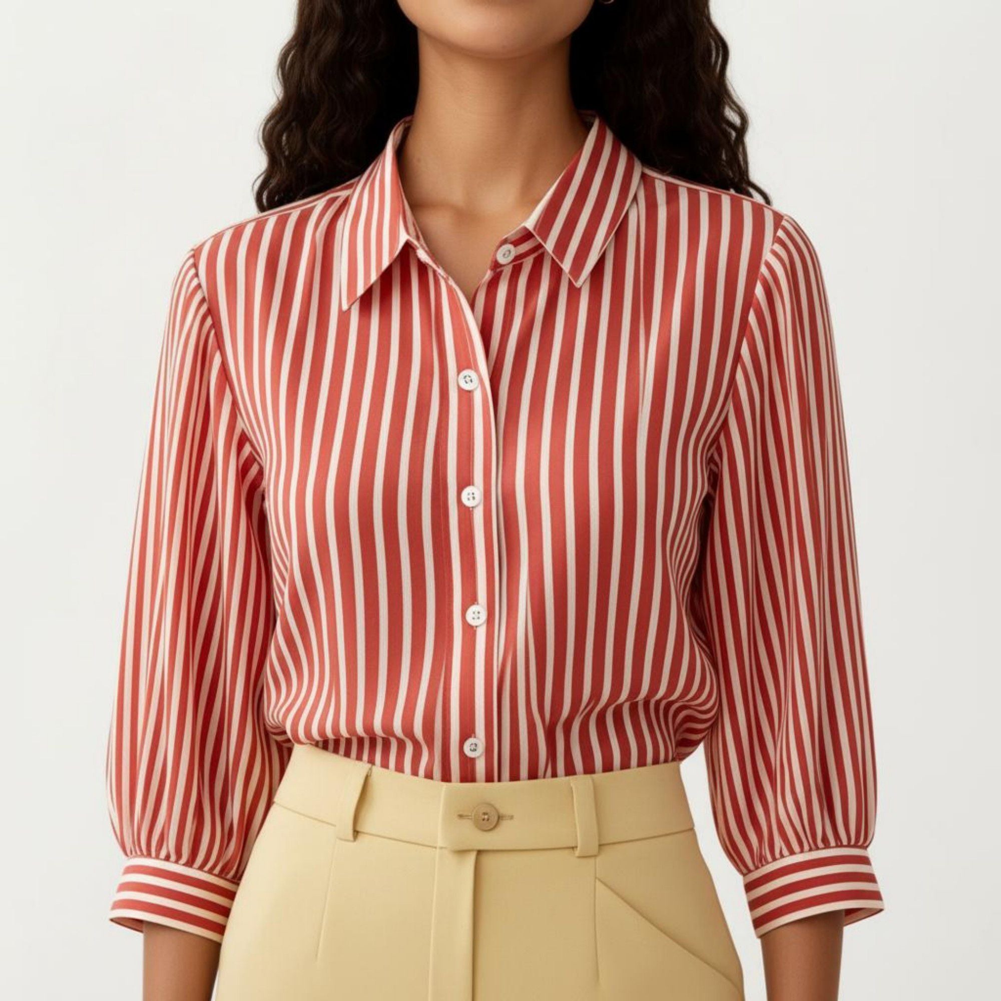 Anna-Kaci Women's Striped Button Down Blouse with Collared Neckline and Puff Sleeves