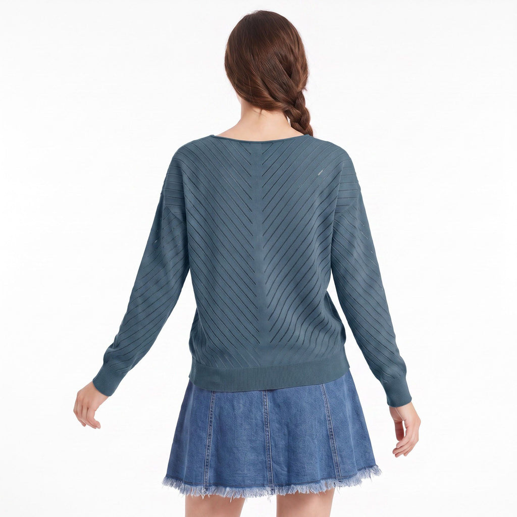 V-Neck Chevron Pointelle Knit Long Sleeve Sweater