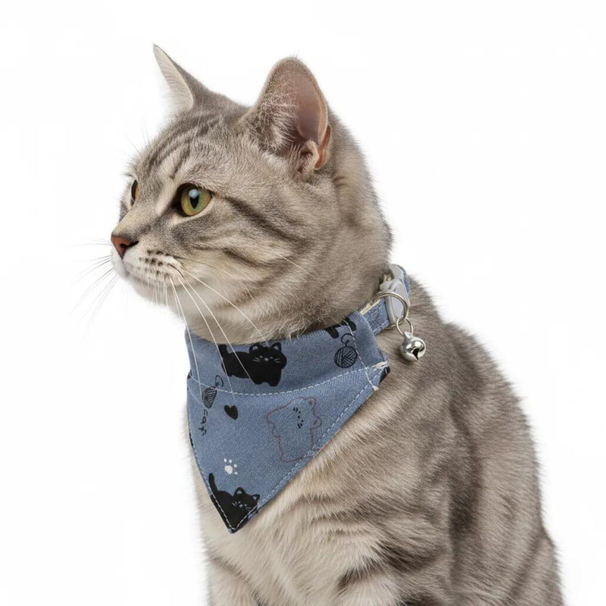 Pet Cat and Dog Bandana Collar with Bell Adjustable Cartoon Cat Print Scarf Bib