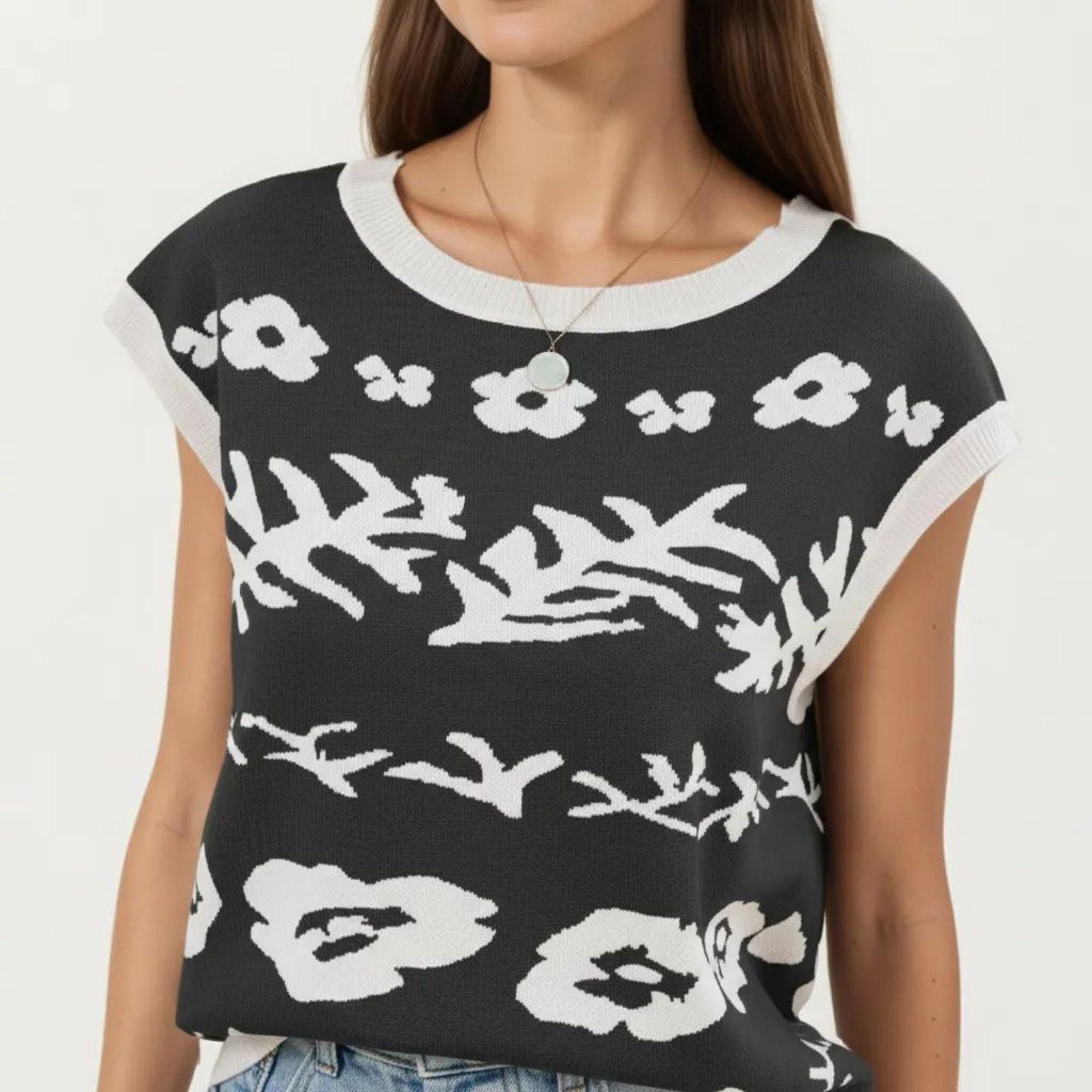 Anna-Kaci Women's Sleeveless Floral Knit Vest Top with Crew Neck and Contrast Trim