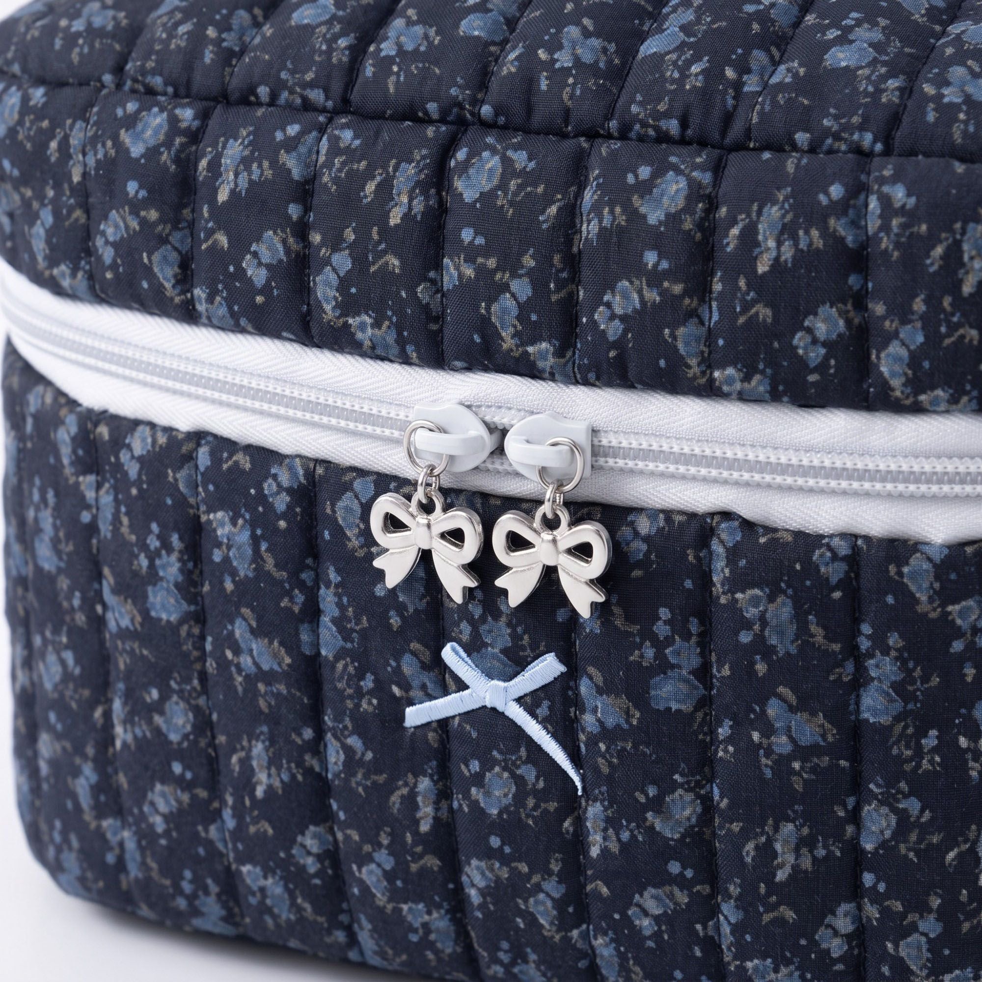 Quilted Floral Cosmetic Makeup Bag with Top Handle and Zip Closure