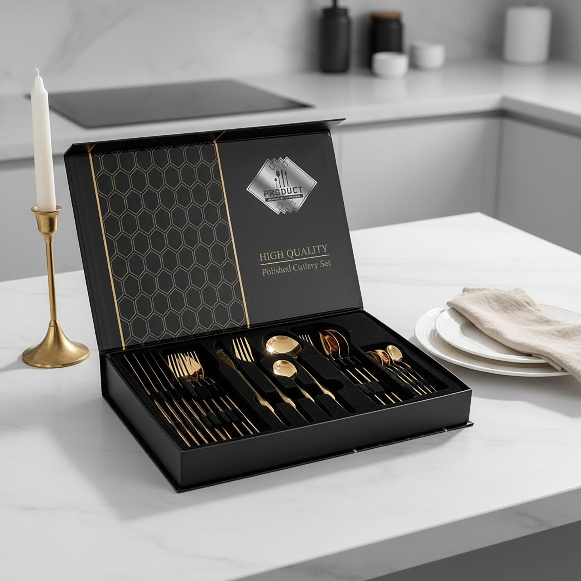 24 Piece Flatware Set Service for 6 Polished Stainless Steel Cutlery Set with Forks Knives Spoons Gift Box