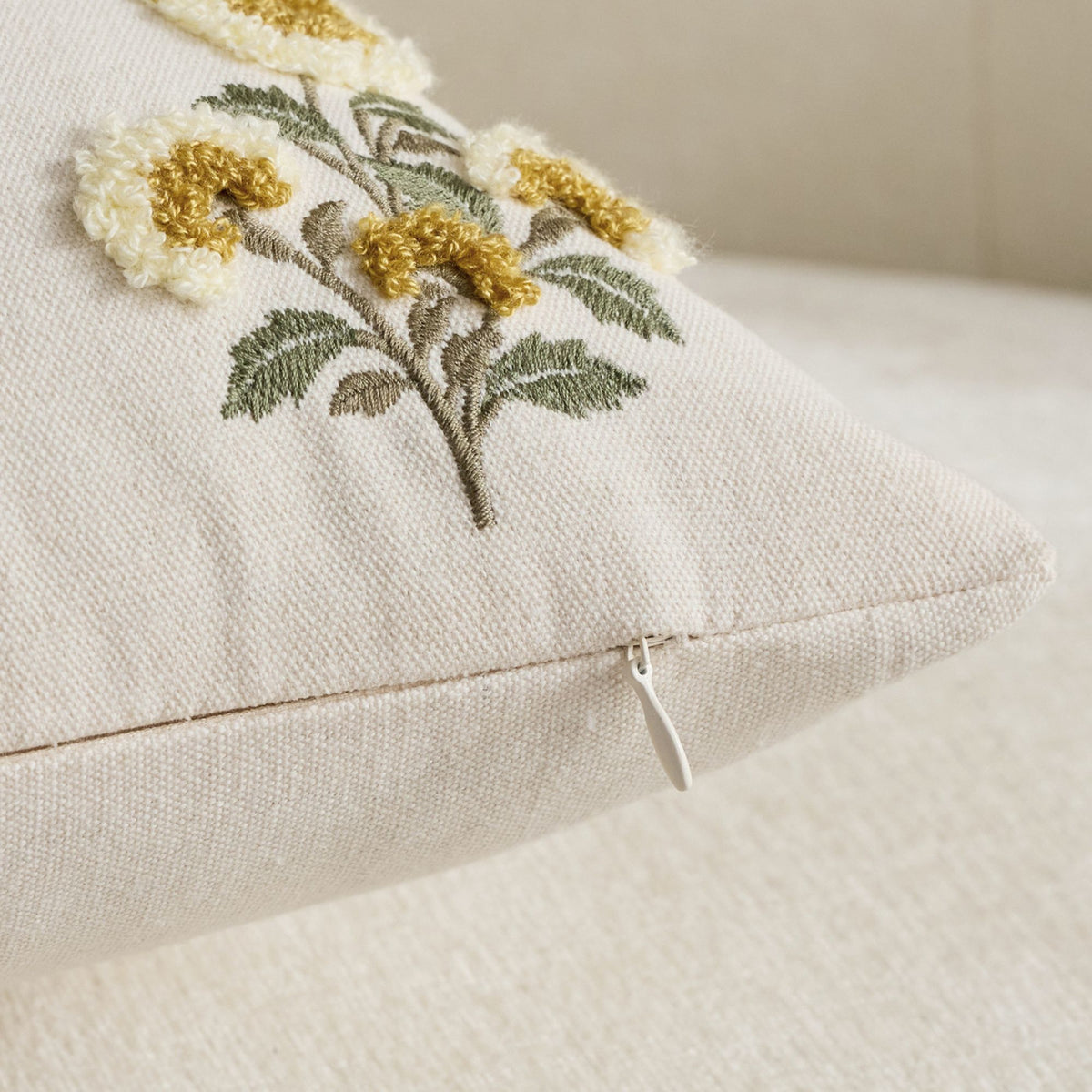 Square Floral Embroidered Throw Pillow Cover Textured Botanical Cushion