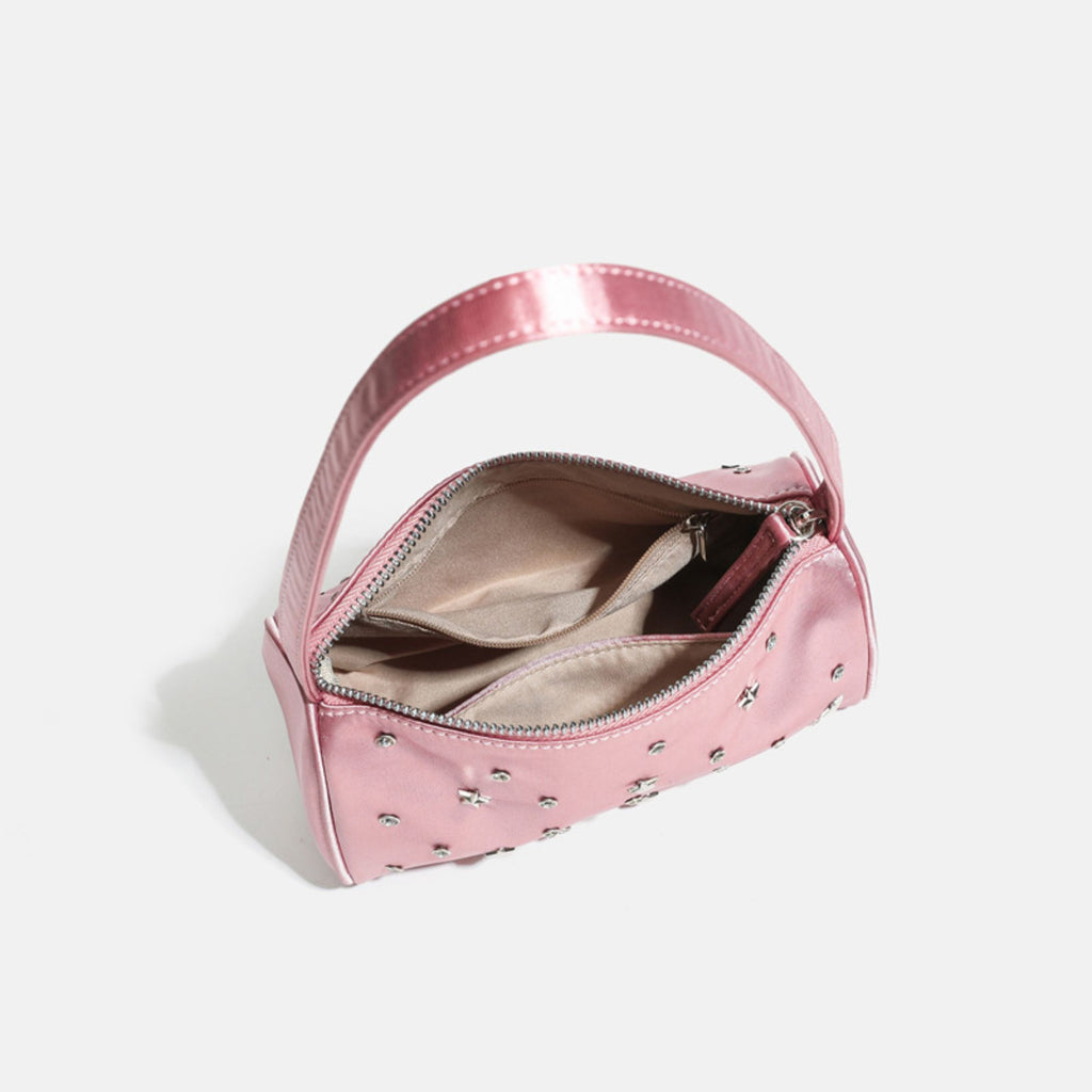 Studded Satin Shoulder Bag with Zip Closure and Interior Pocket