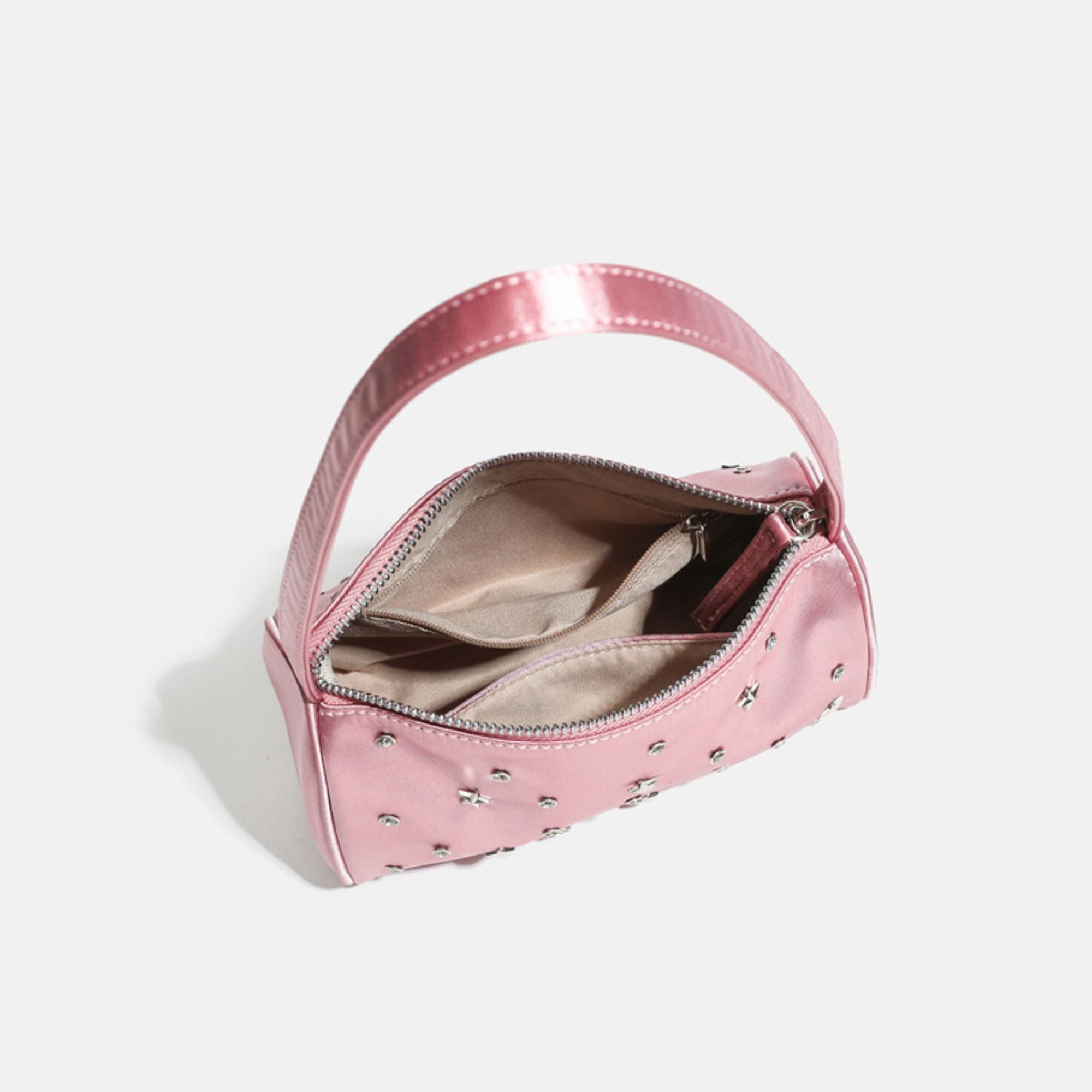 Studded Satin Shoulder Bag with Zip Closure and Interior Pocket