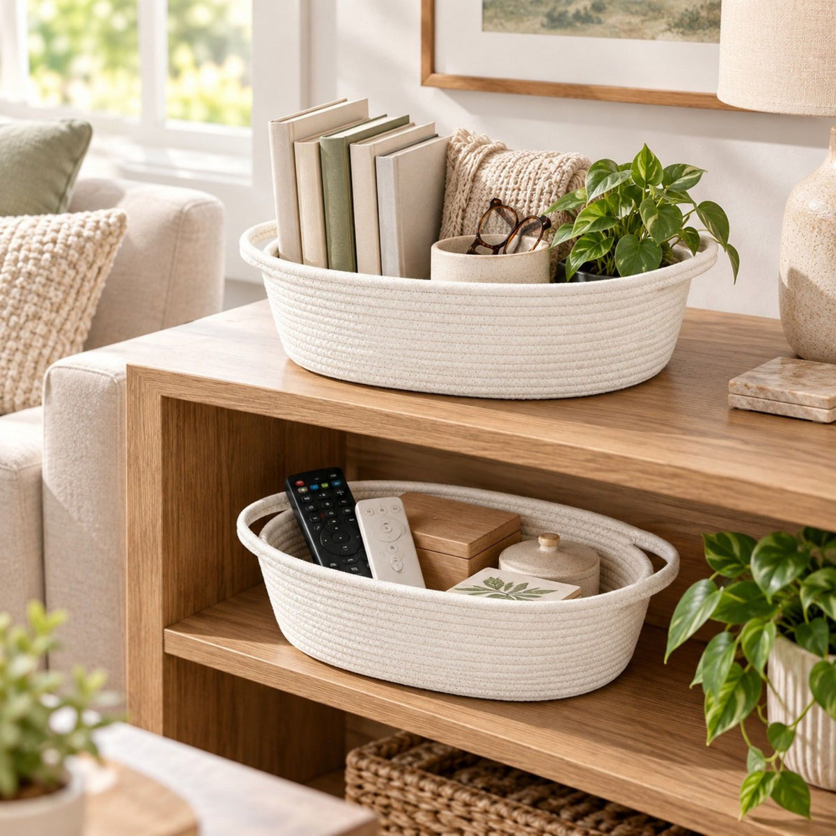 Round Woven Cotton Cord Storage Basket Set of 2
