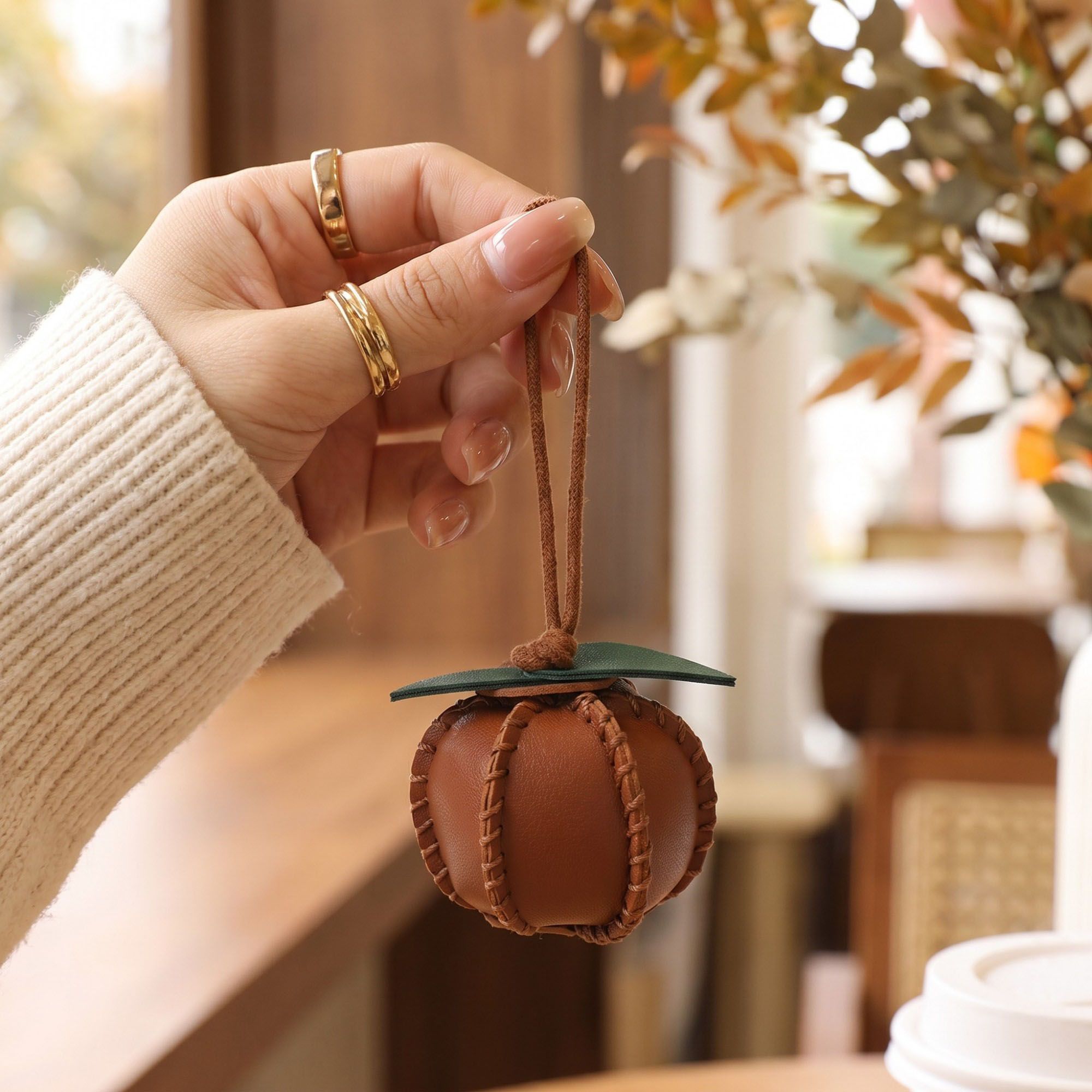 2-Piece Womens Faux Leather Bag Charm with Cord Loop Leaf Accent and Textured Stitch Detail