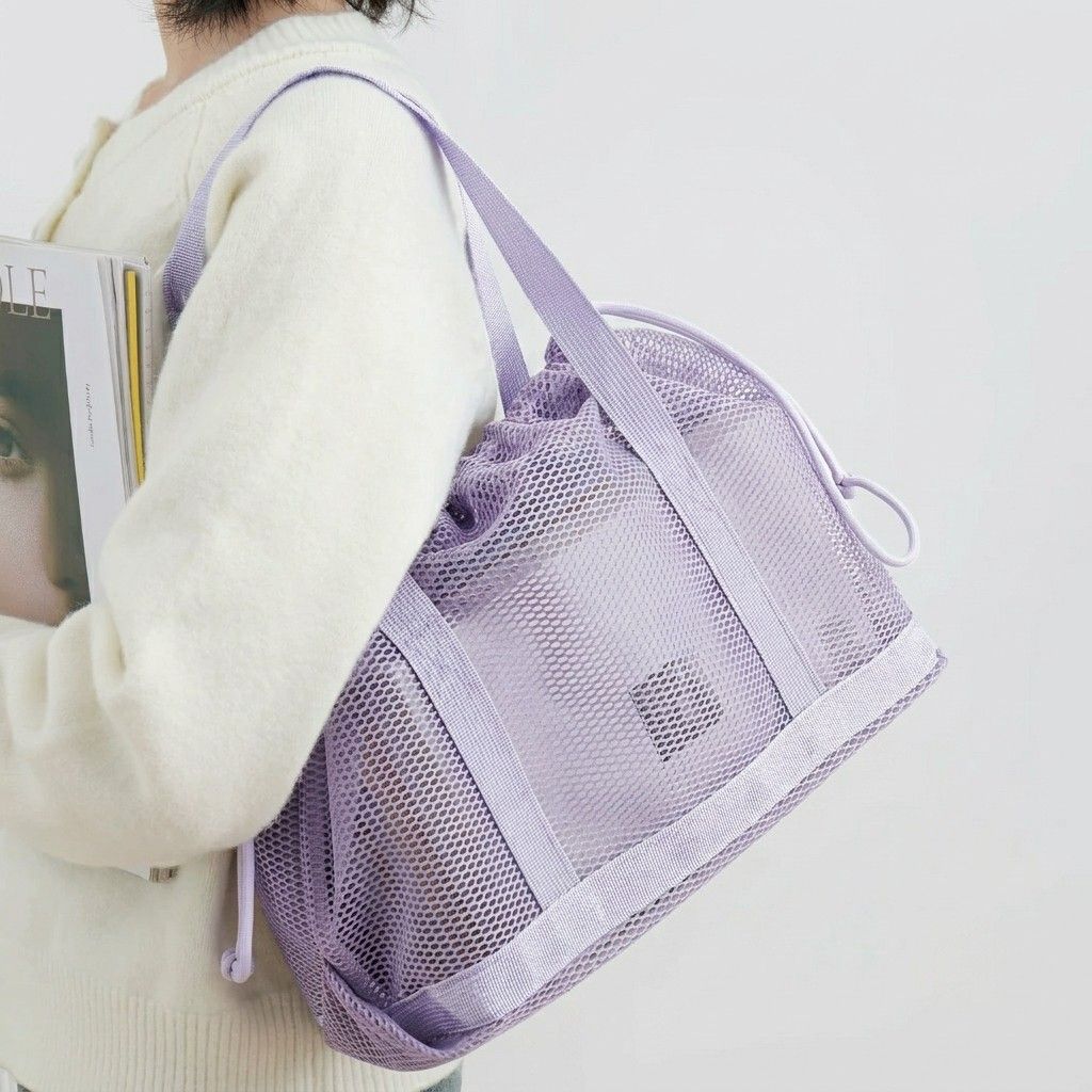Mesh Drawstring Tote Bag with Carry Handles and Organizer Pouch