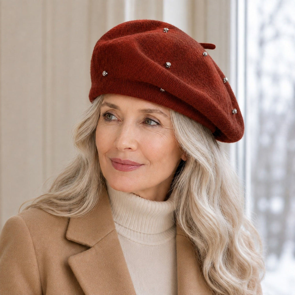 Rhinestone Studded Knit Wool Beret