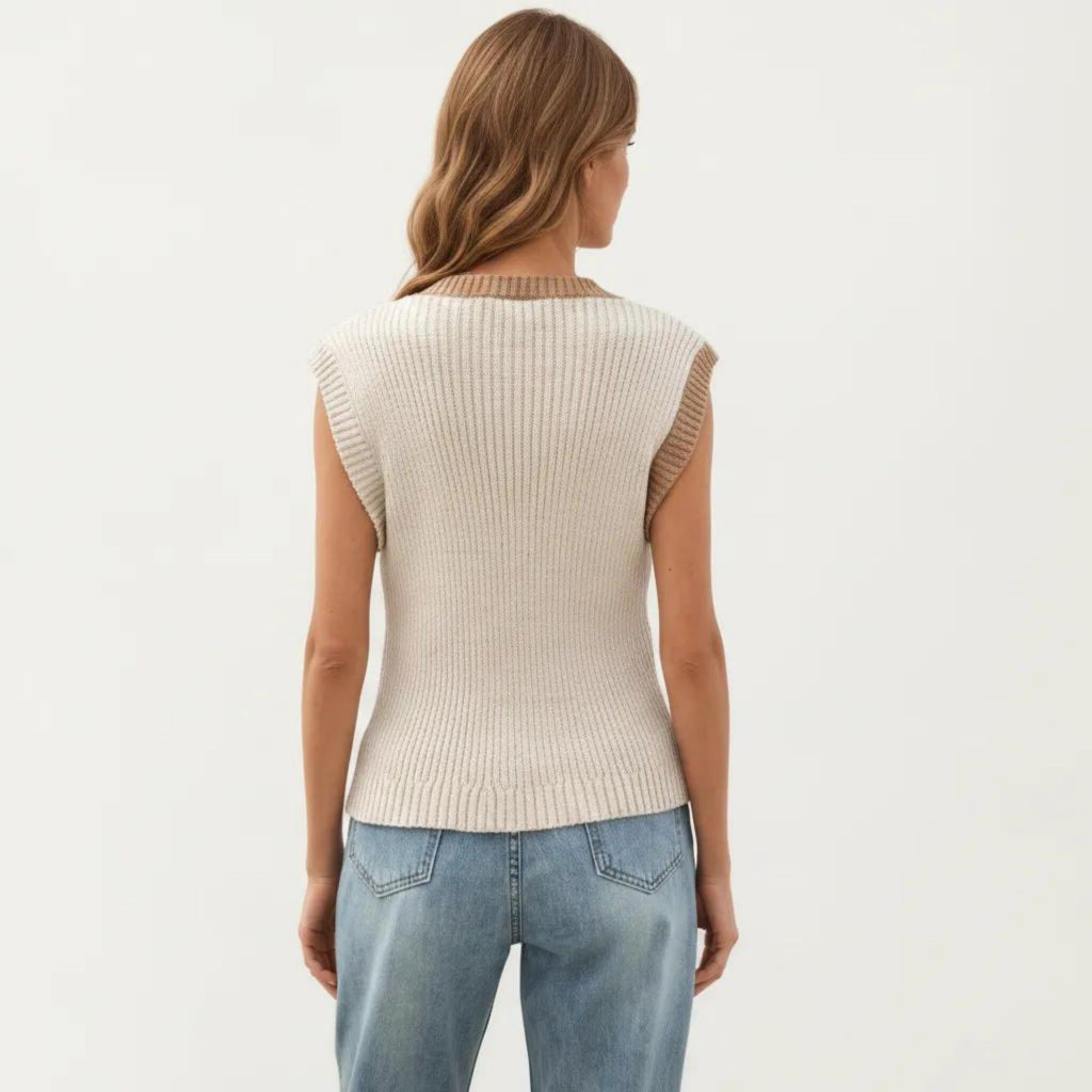 Anna-Kaci Women's Sleeveless Colorblock Knit Vest with Button Front and Ribbed Trim