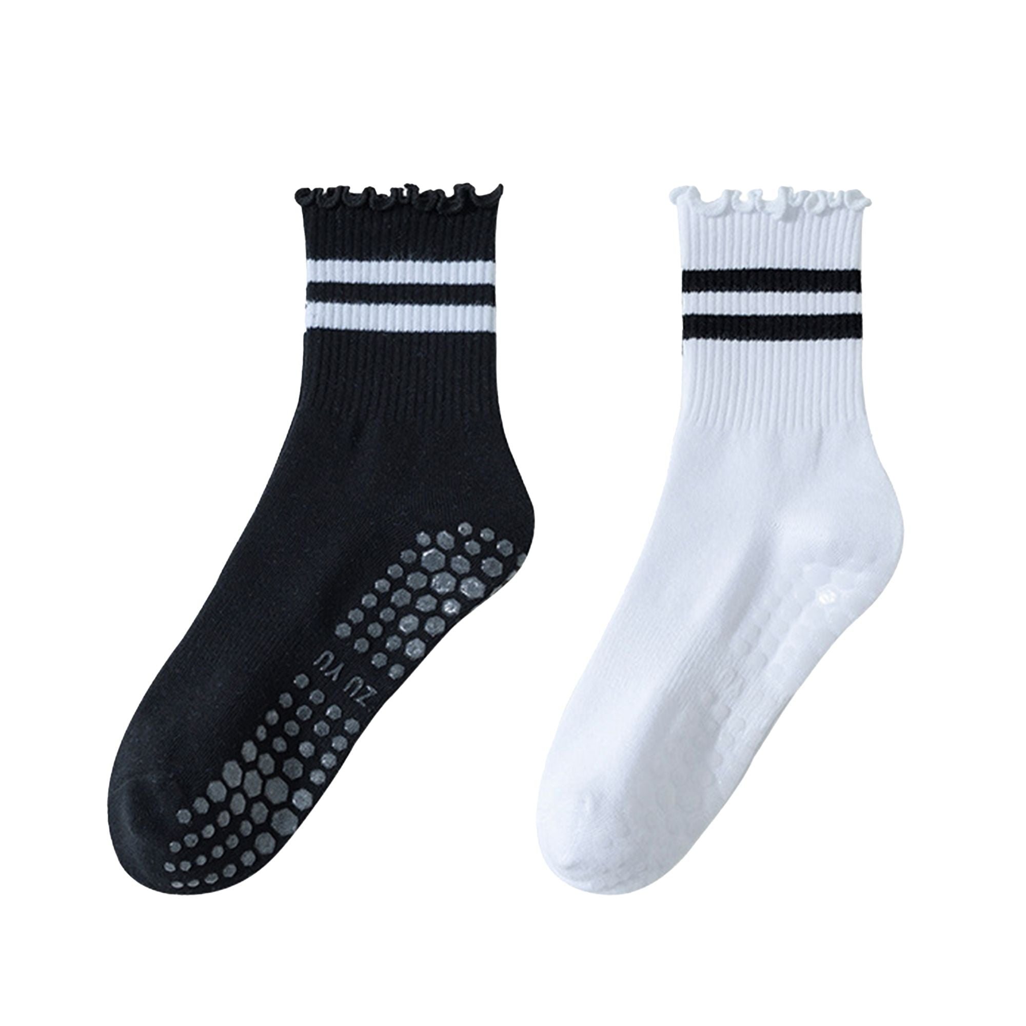 Anna-Kaci Women's 2-Pack Non-Slip Athletic Crew Socks with Ruffle Cuff and Stripe Detail Soft Stretch Fit