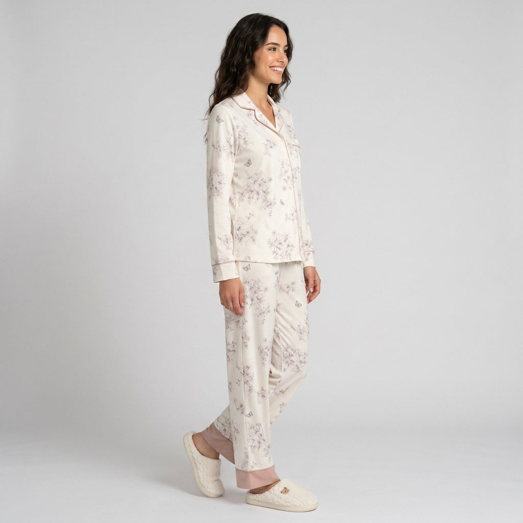 Anna-Kaci Lounge Womens 2-Piece Pajama Set Long Sleeve Button Front Shirt and Matching Pants with Floral Butterfly Print