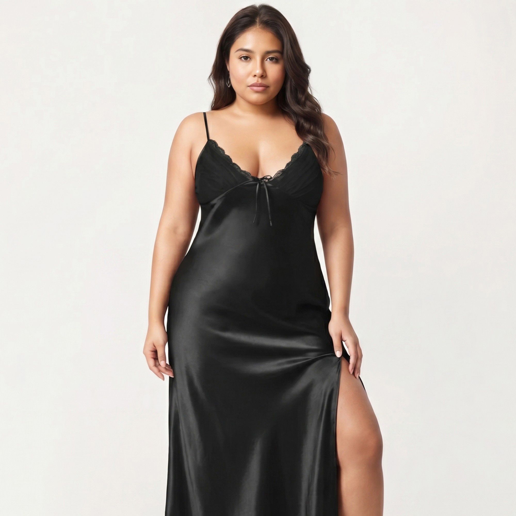 Anna-Kaci Lounge Women's Plus Size Satin Chemise Nightgown with Lace Trim Neckline Adjustable Straps Side Slit Slip Dress