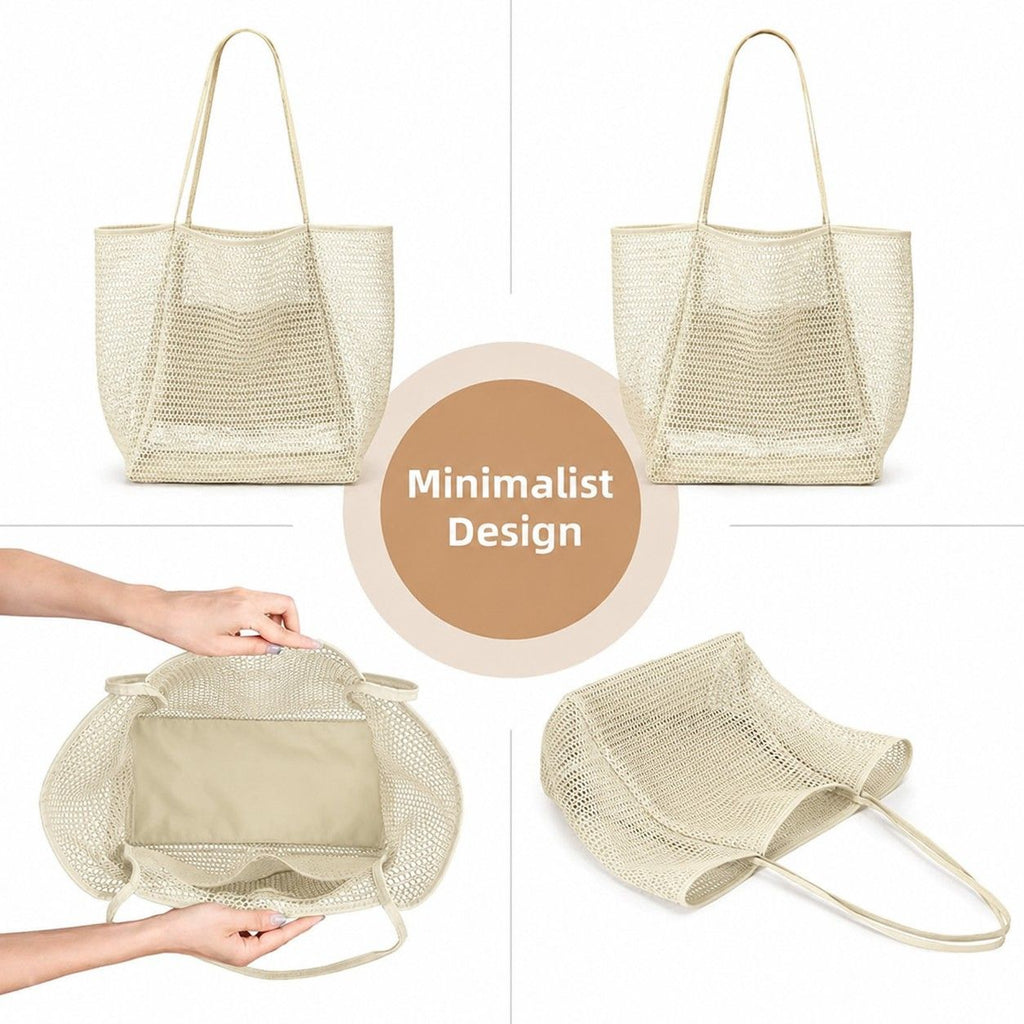 Mesh Tote Bag Large Capacity Lightweight Polyester Shoulder Handbag with Inner Pouch