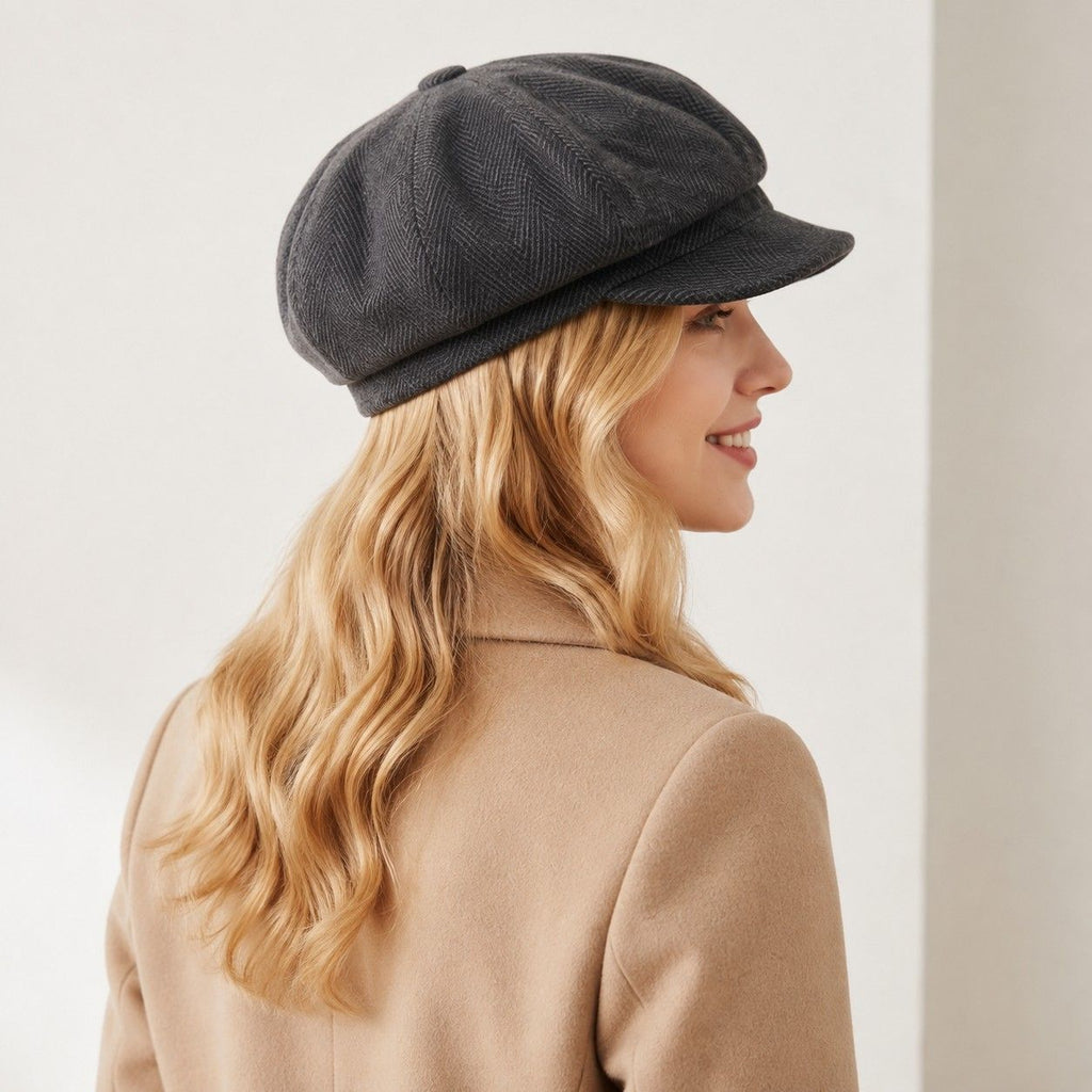 Herringbone Tweed Newsboy Cap Vintage Baker Boy Hat Adjustable