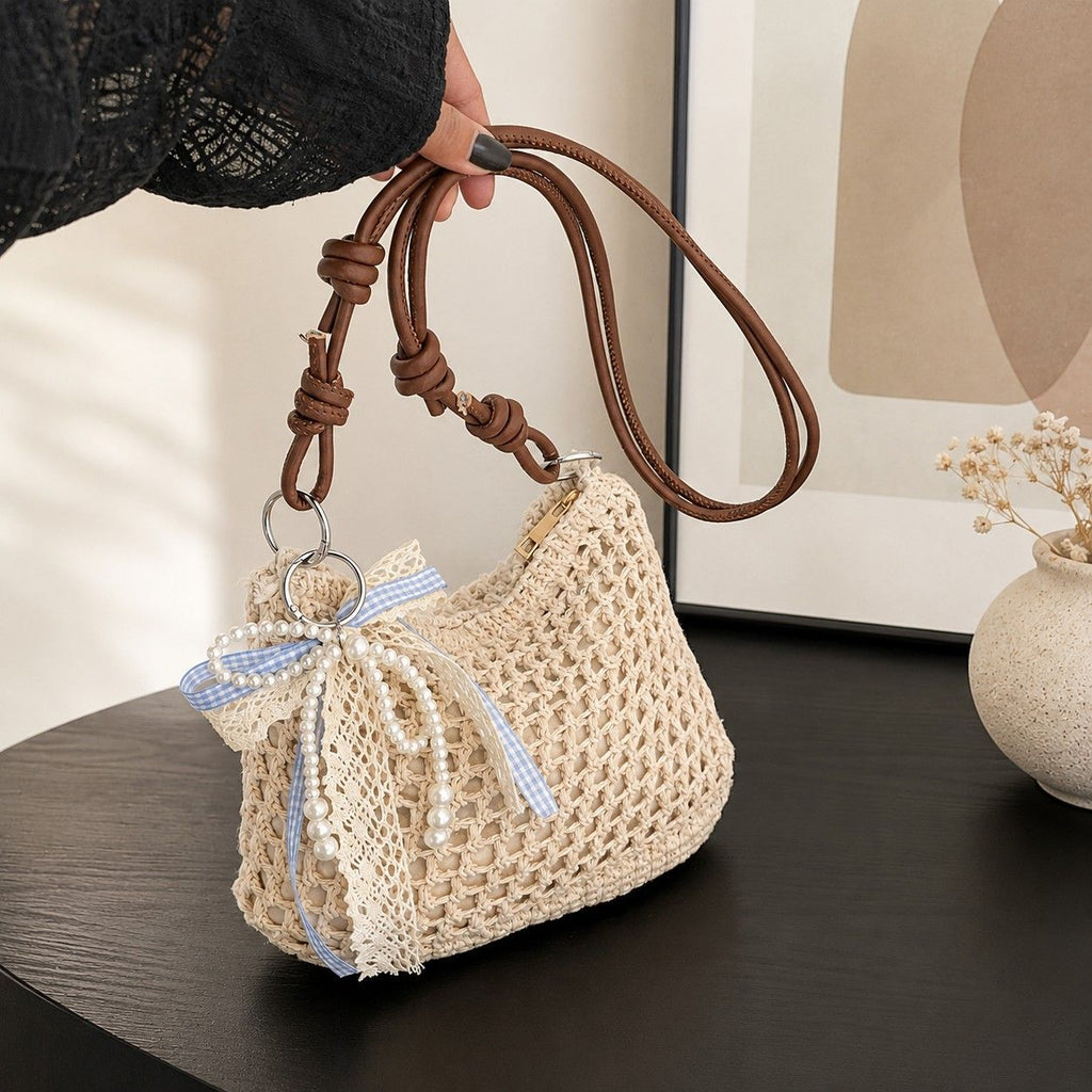 Decorative Woven Crossbody Bag with Pearl Charm, Scarf Accent and Zip Closure