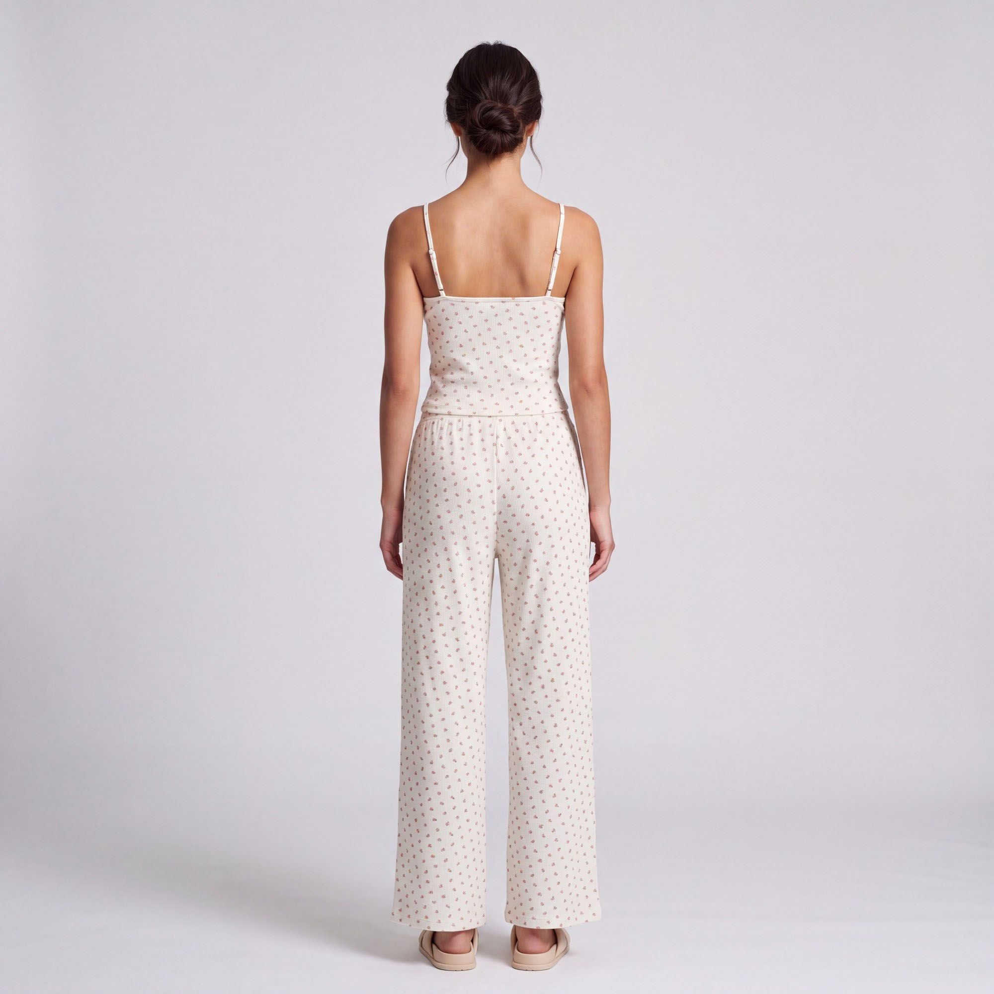 2-Piece Set Waffle Knit Ditsy Floral Camisole with Adjustable Straps and Relaxed Wide Leg Lounge Pants